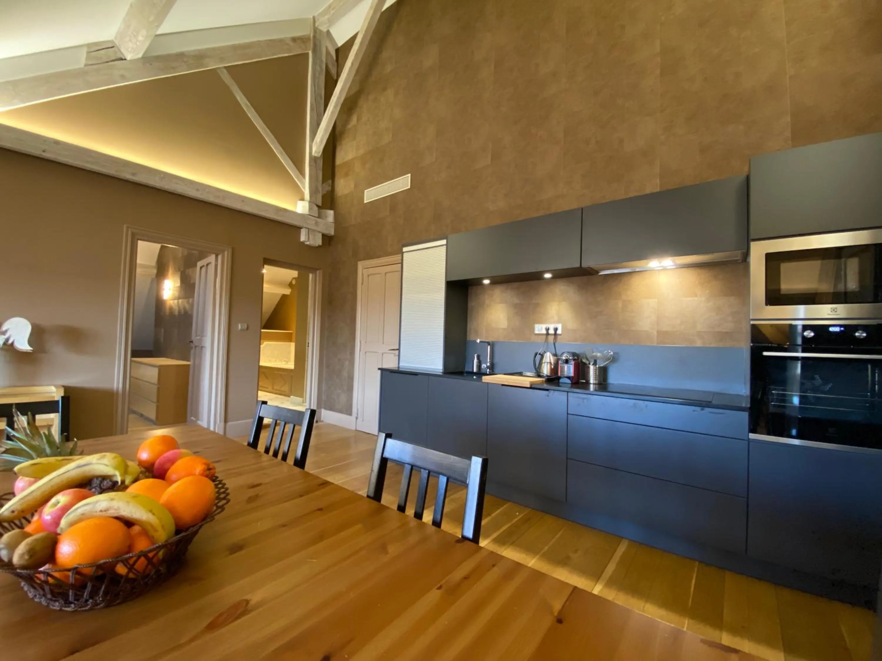 Kitchen or kitchenette in Demeure Saint Louis Historic manor, City 700m, free parking,A C,Clim,WIFI, city view, Garden