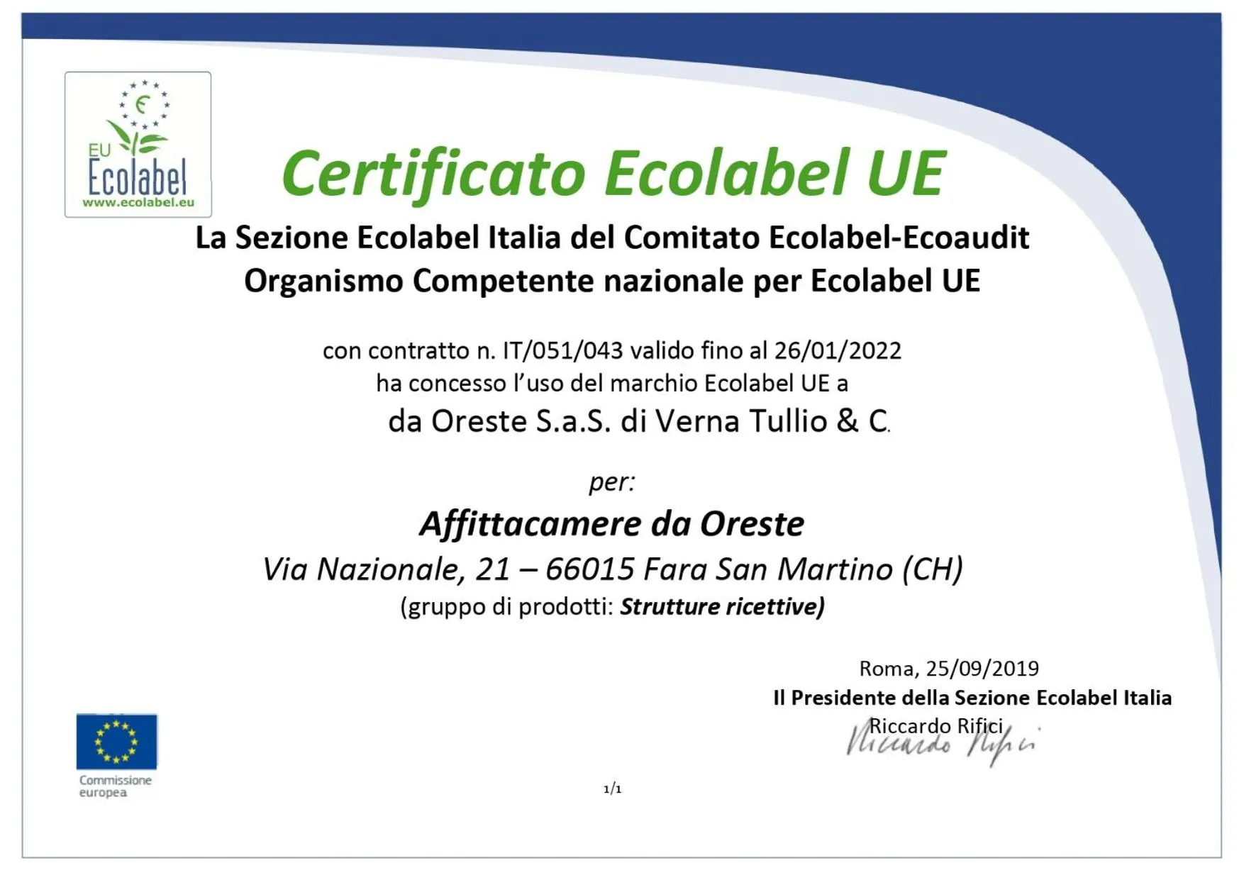 Certificate/Award in Da Oreste Affittacamere