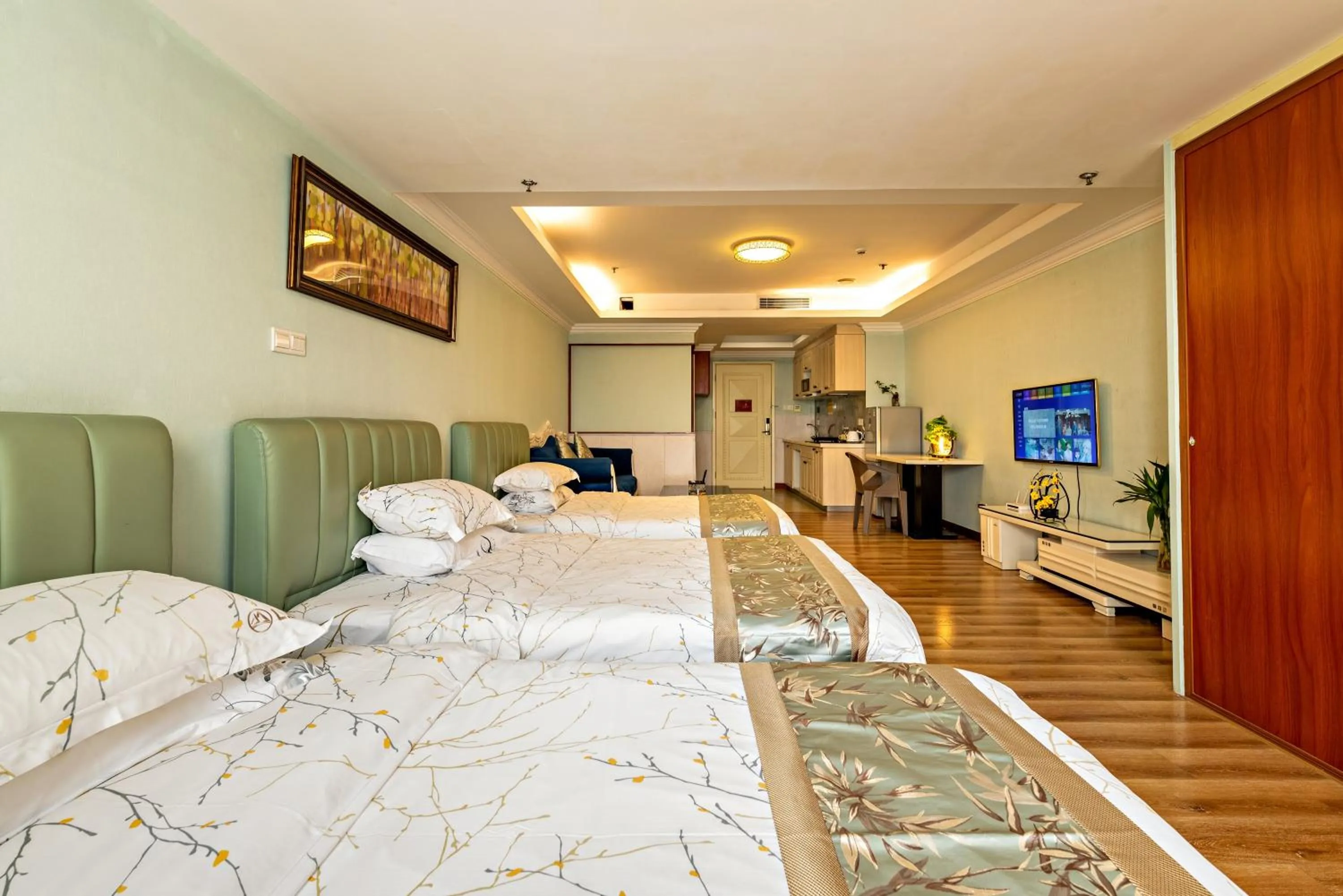 Bed in Guangzhou Manhattan International Apartment Zhengjia Free bus services are provided for the first and second phases