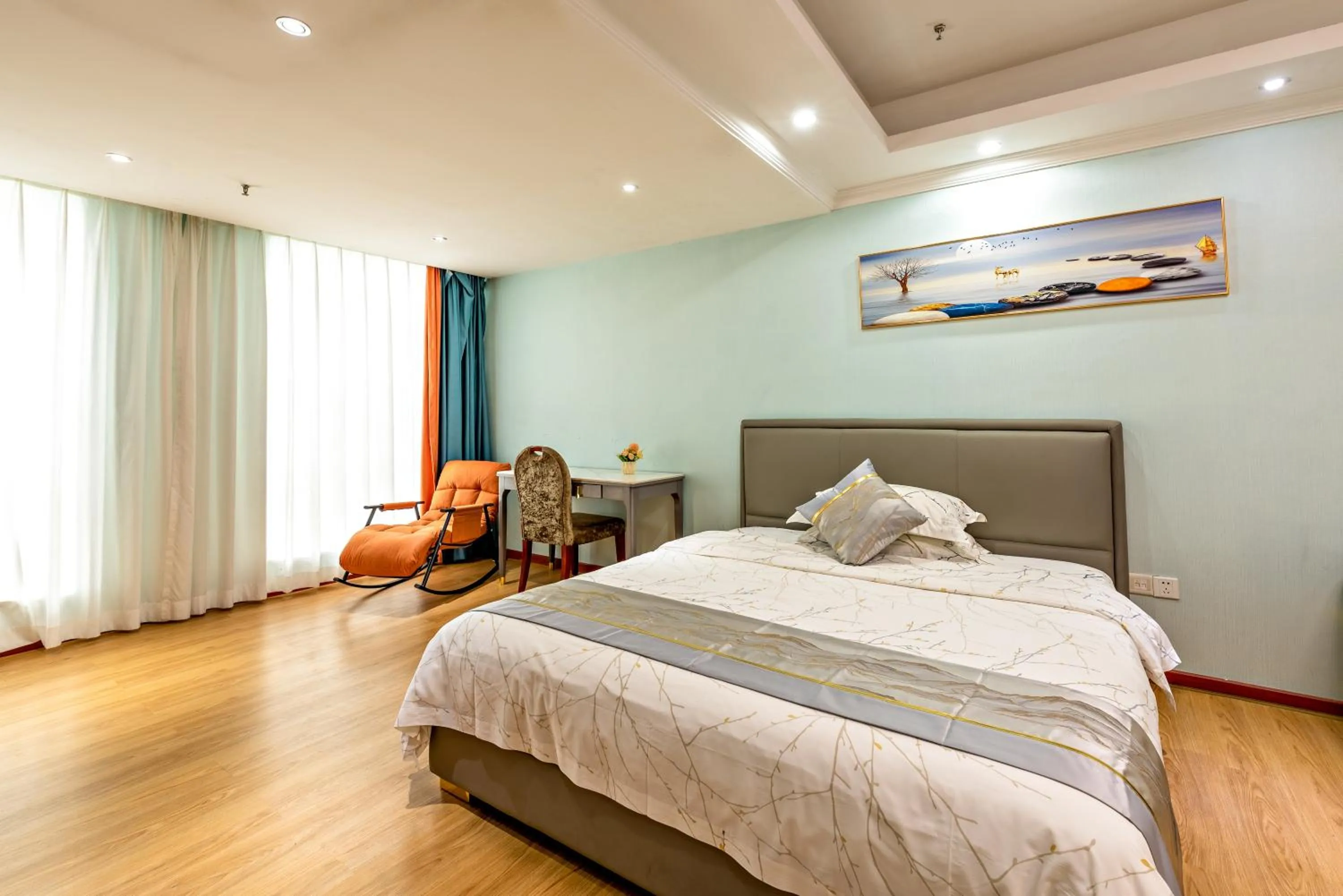Bed in Guangzhou Manhattan International Apartment Zhengjia Free bus services are provided for the first and second phases
