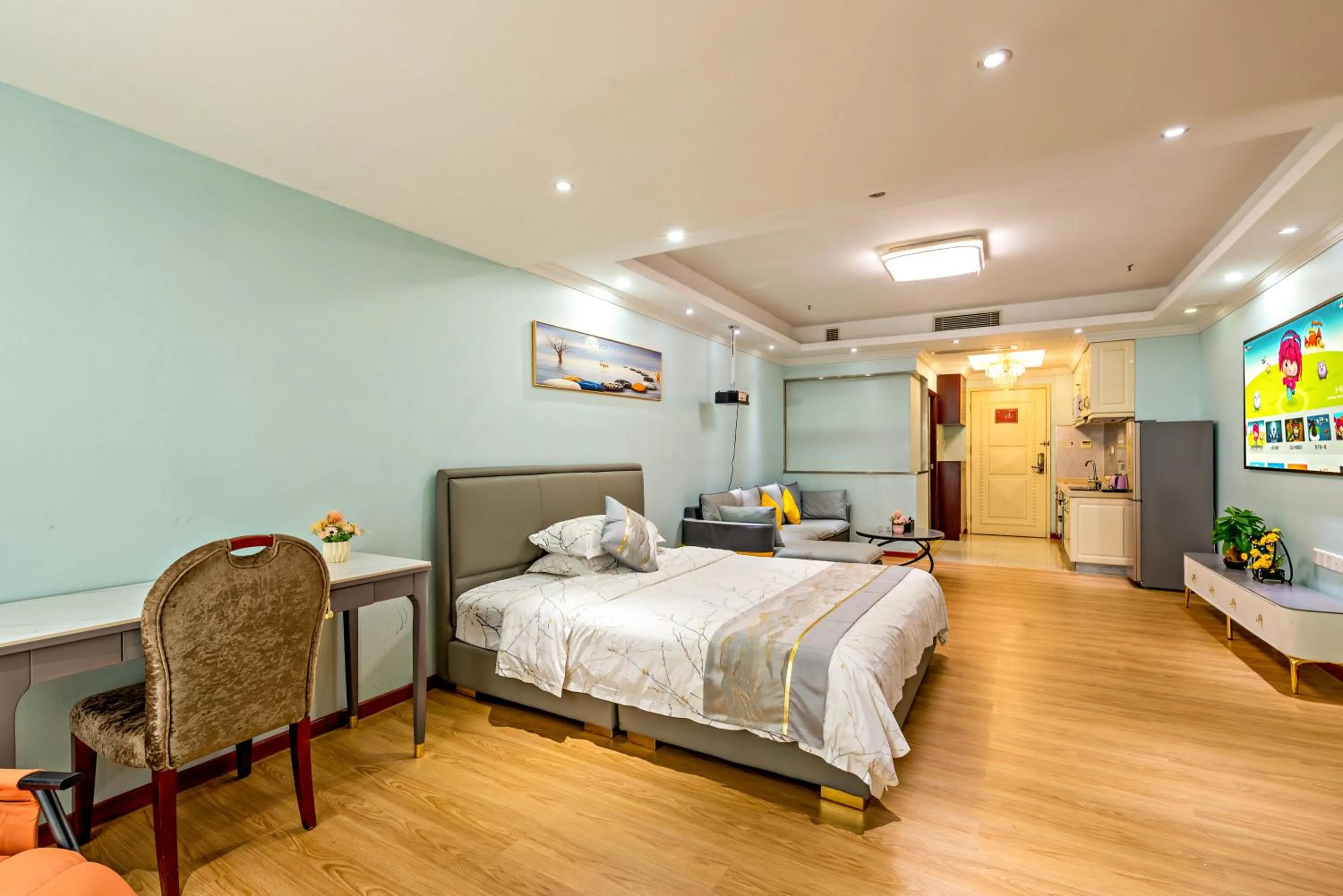 Bed in Guangzhou Manhattan International Apartment Zhengjia Free bus services are provided for the first and second phases