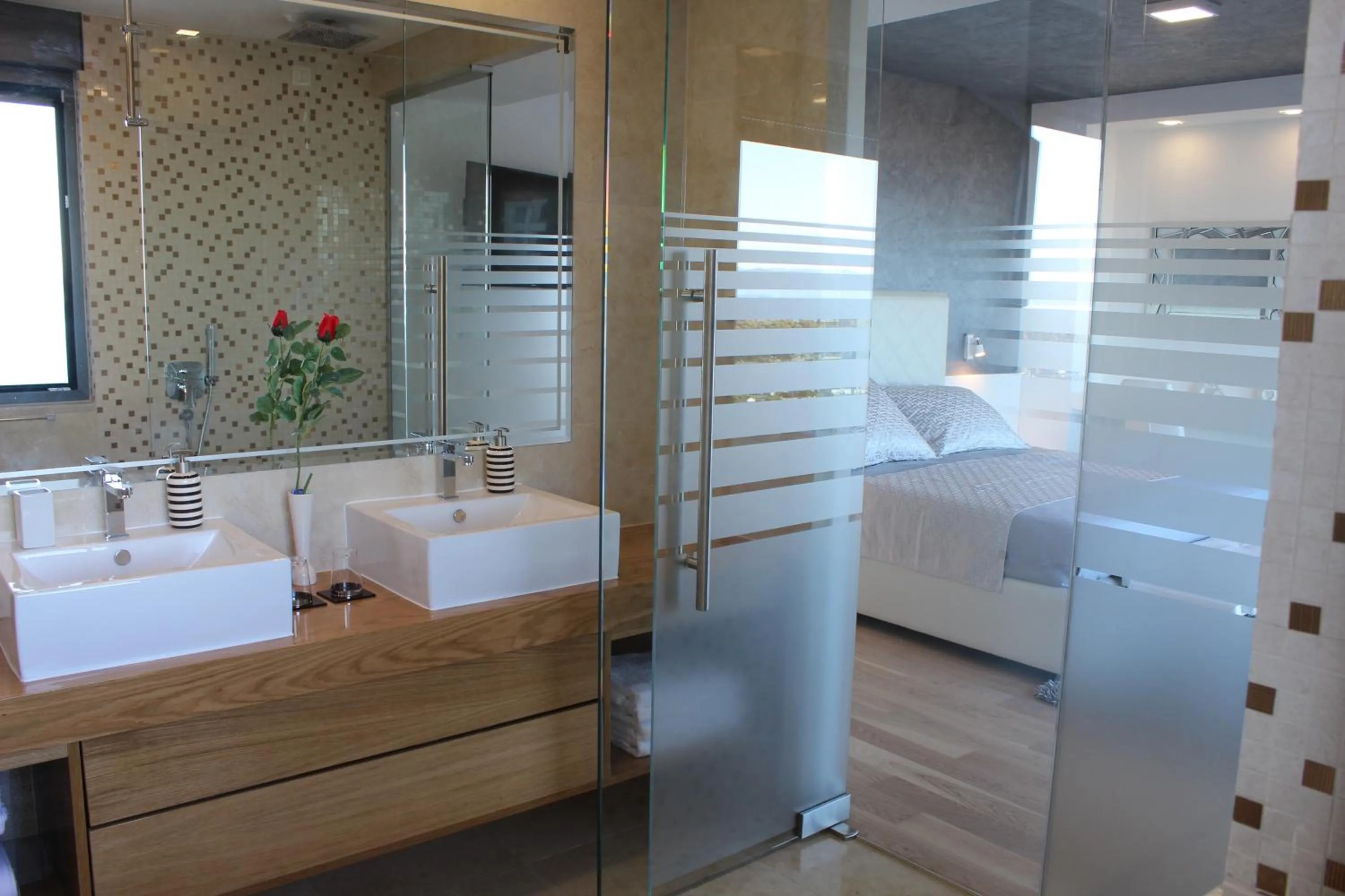 Bathroom, Bed in Villa Afrodita