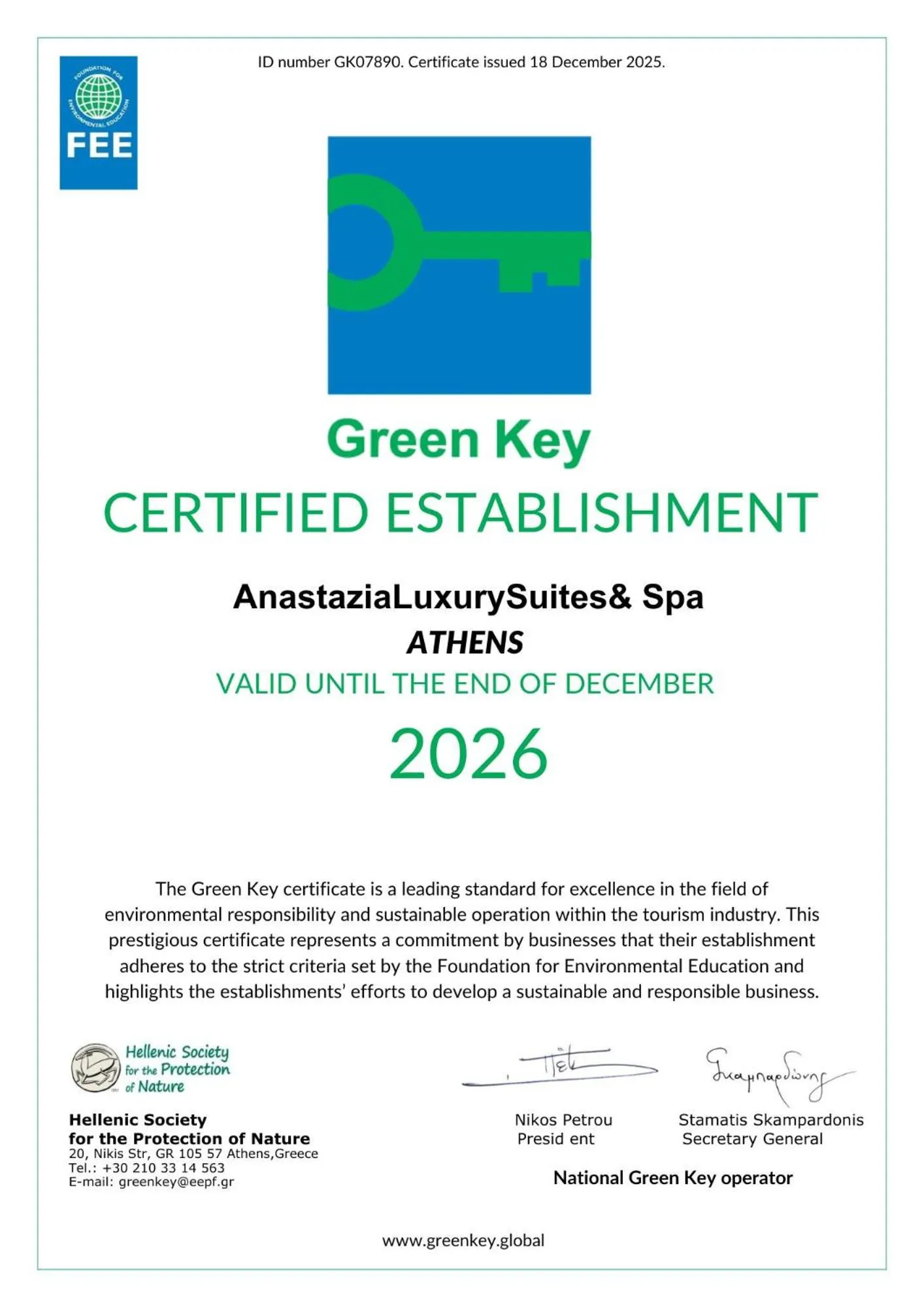 Certificate/Award in Anastazia Luxury Suites & Spa