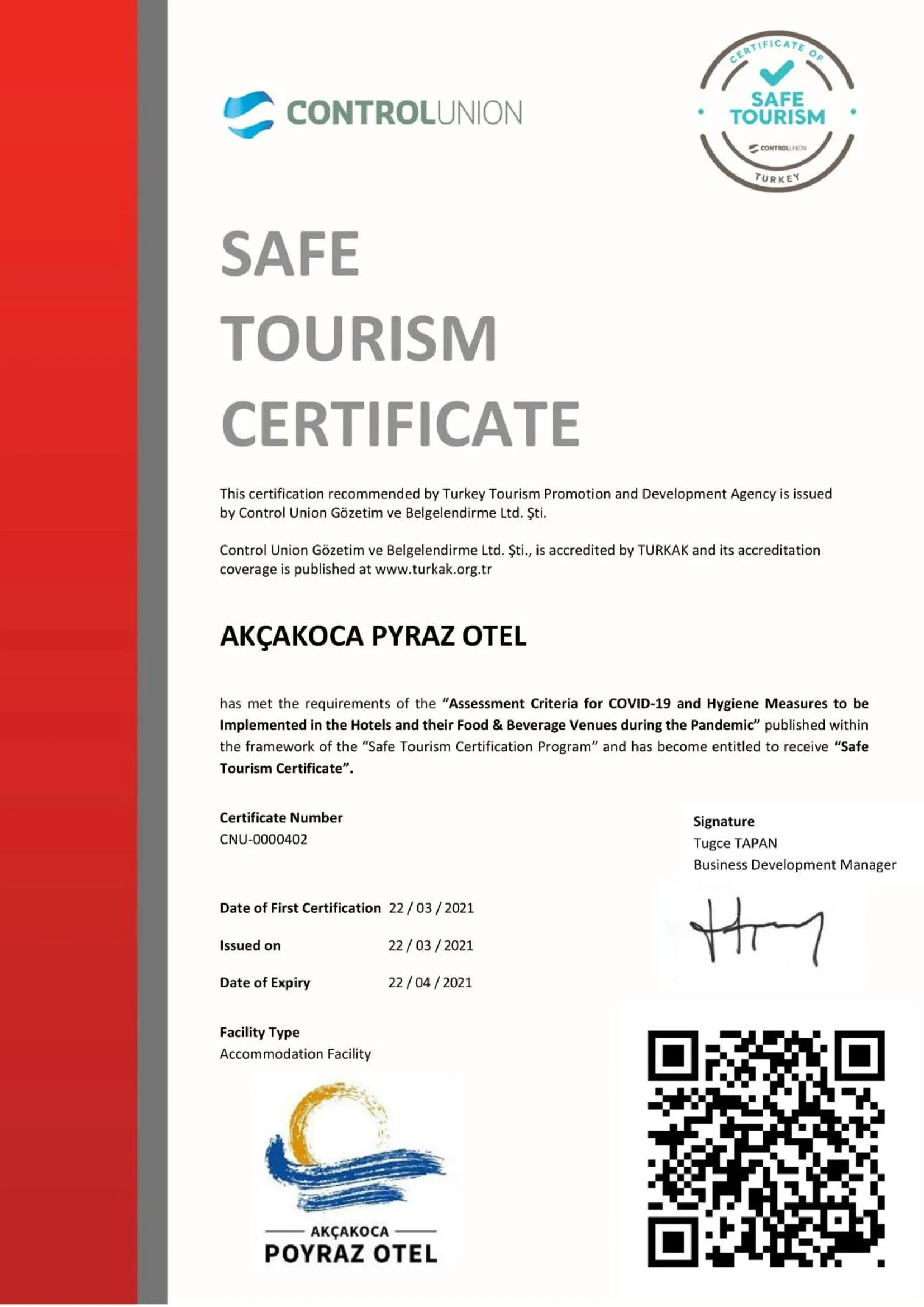 Certificate/Award in Akcakoca Poyraz Otel