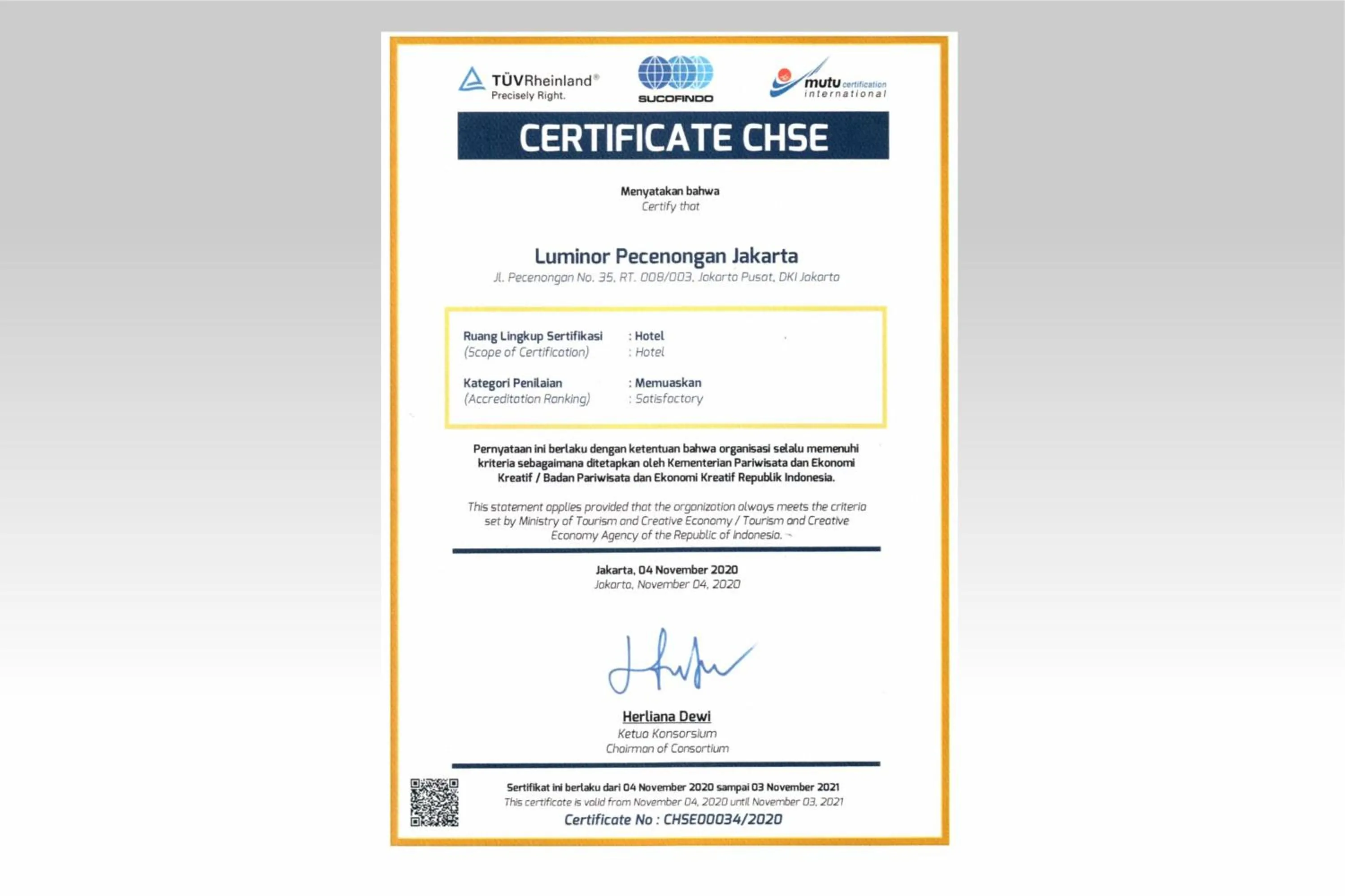 Certificate/Award in Luminor Hotel Pecenongan Jakarta By WH