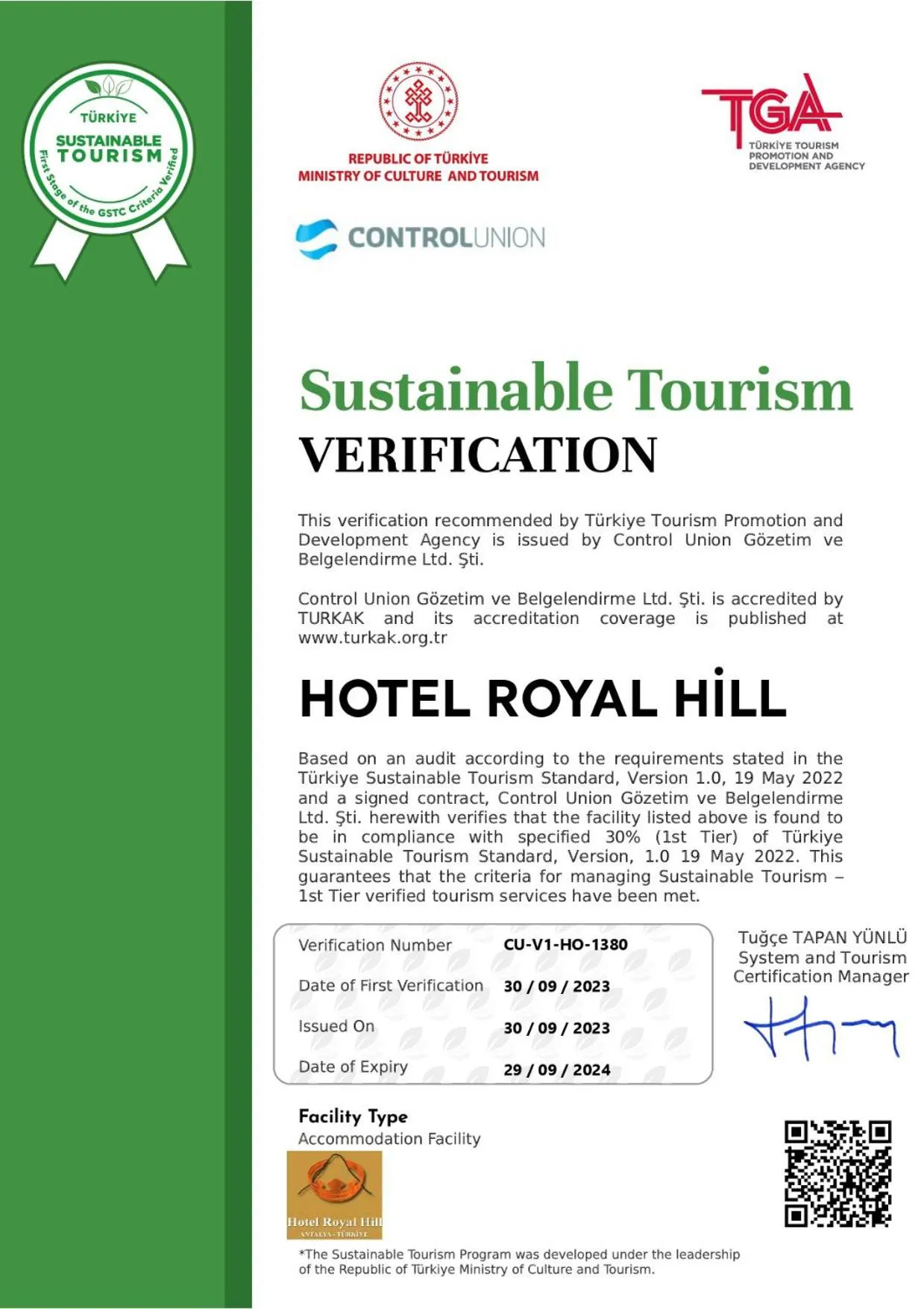Logo/Certificate/Sign in Hotel Royal Hill