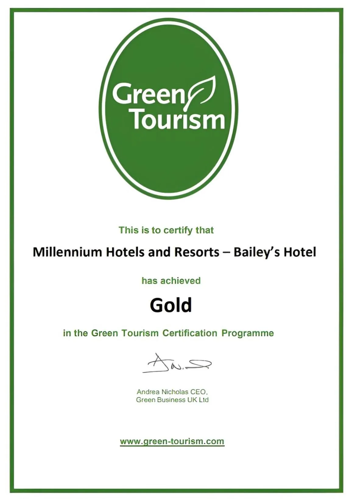 Certificate/Award in The Bailey's Hotel London Kensington