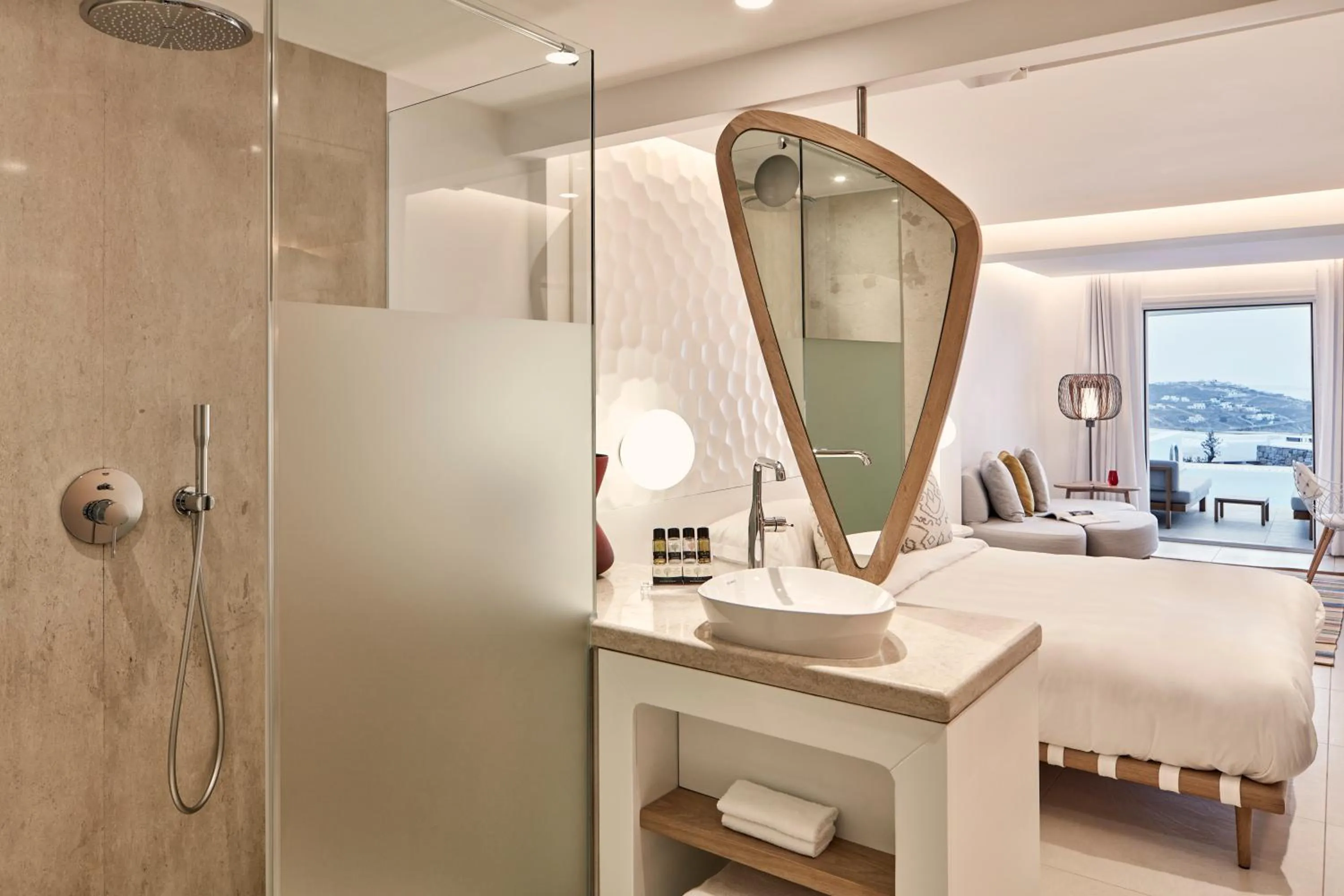 Shower, Bed in Myconian Kyma, a Member of Design Hotels