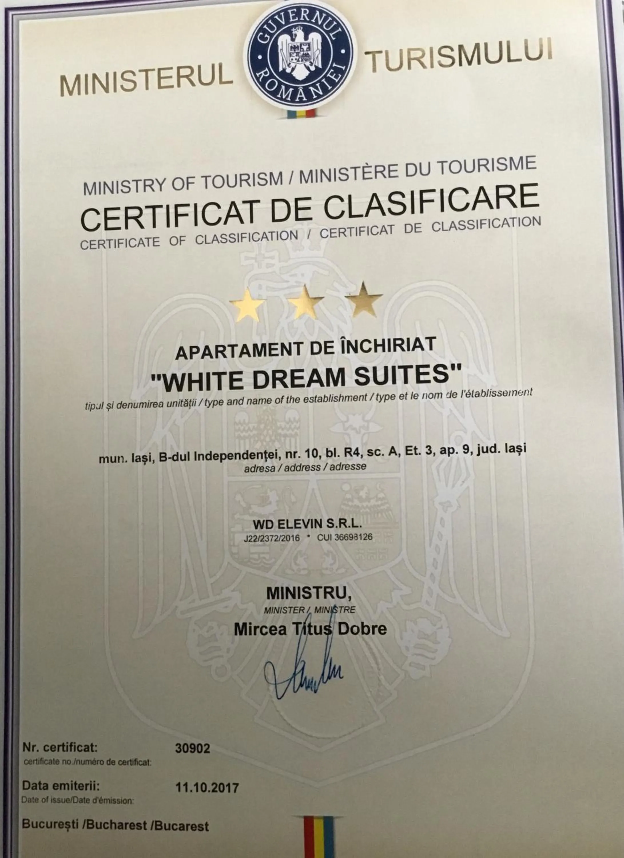 Certificate/Award in White Dream Suites