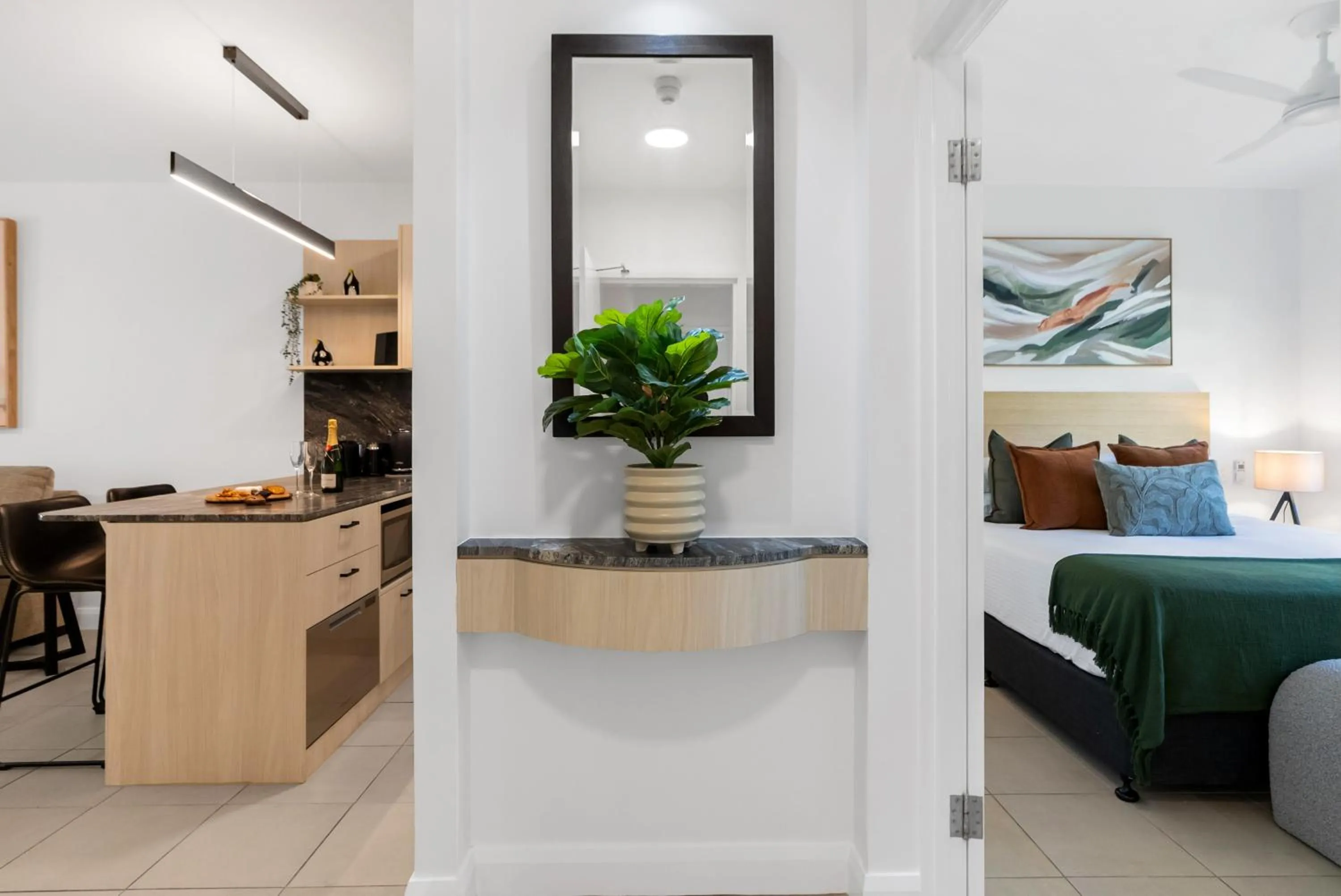 Kitchen or kitchenette, Bed in Elysium Private Apartments at Beach Club & Spa