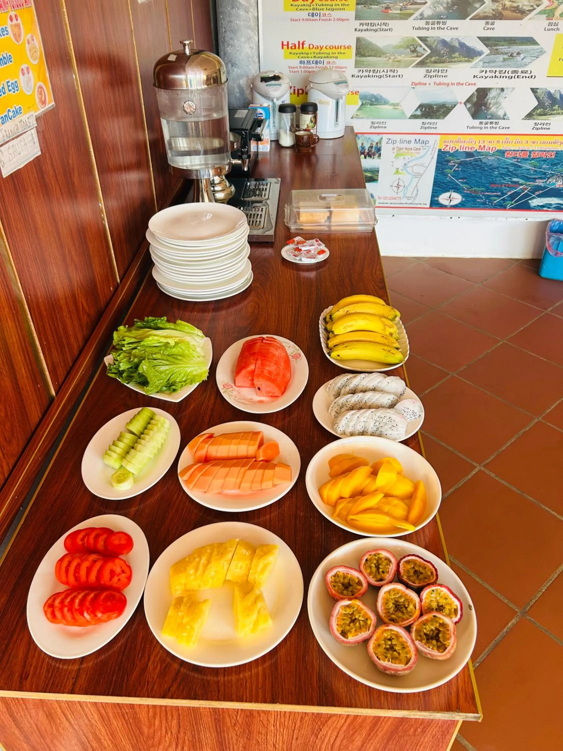 Buffet breakfast in Vangvieng Rock Backpacker Rooftop Hostel
