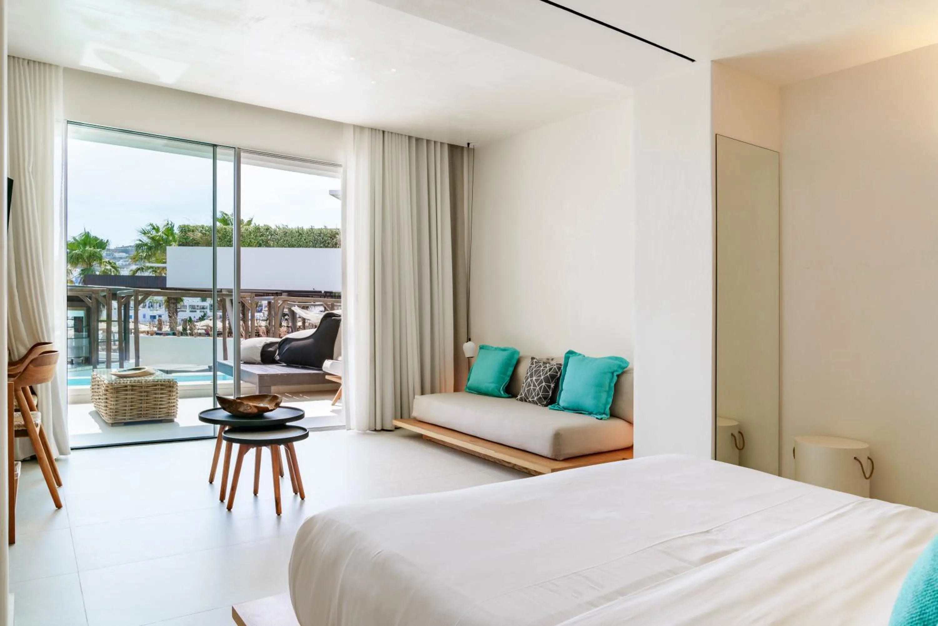 View (from property/room), Bed in Mykonos Dove Beachfront Hotel