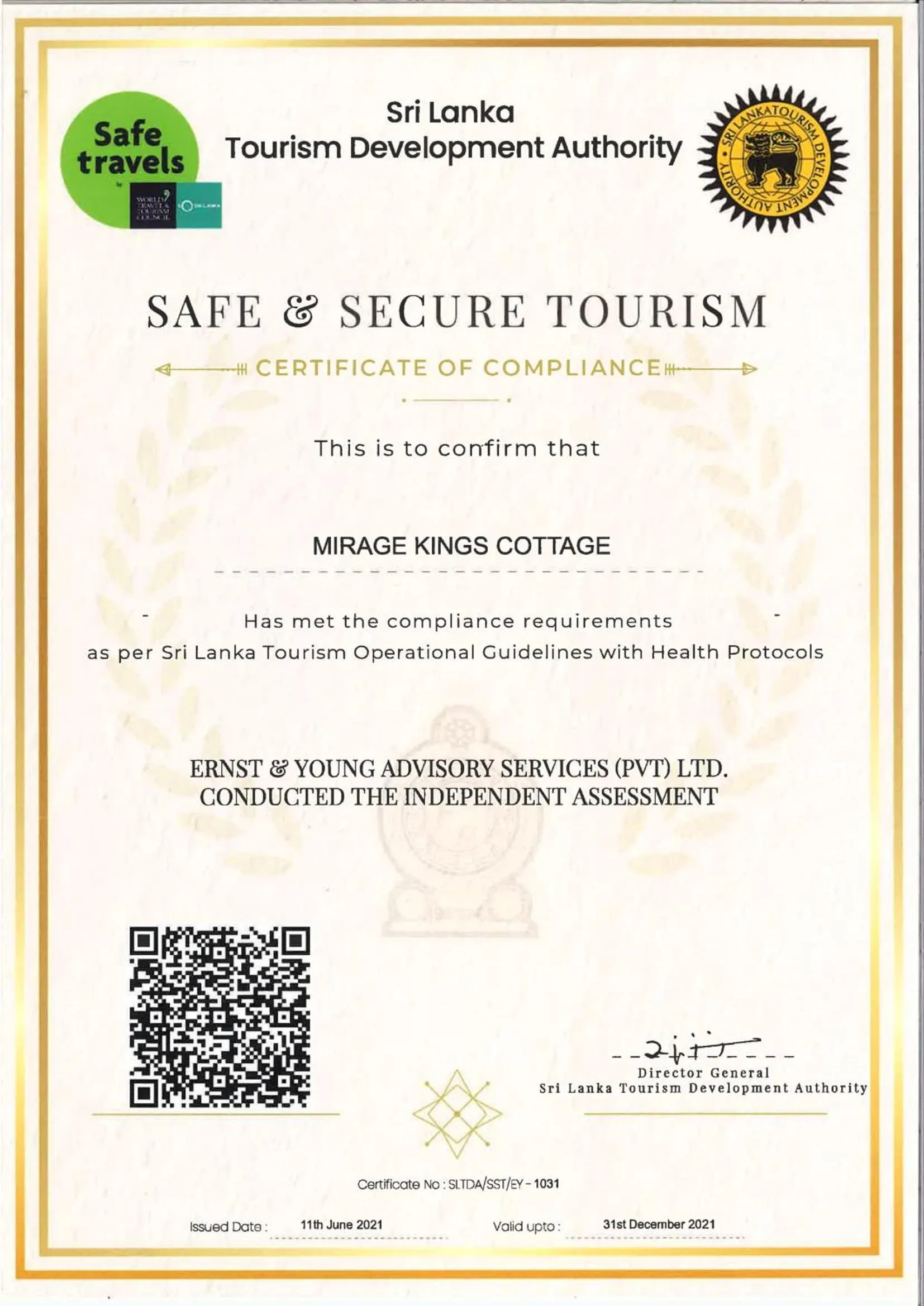 Certificate/Award in Mirage Kings Cottage