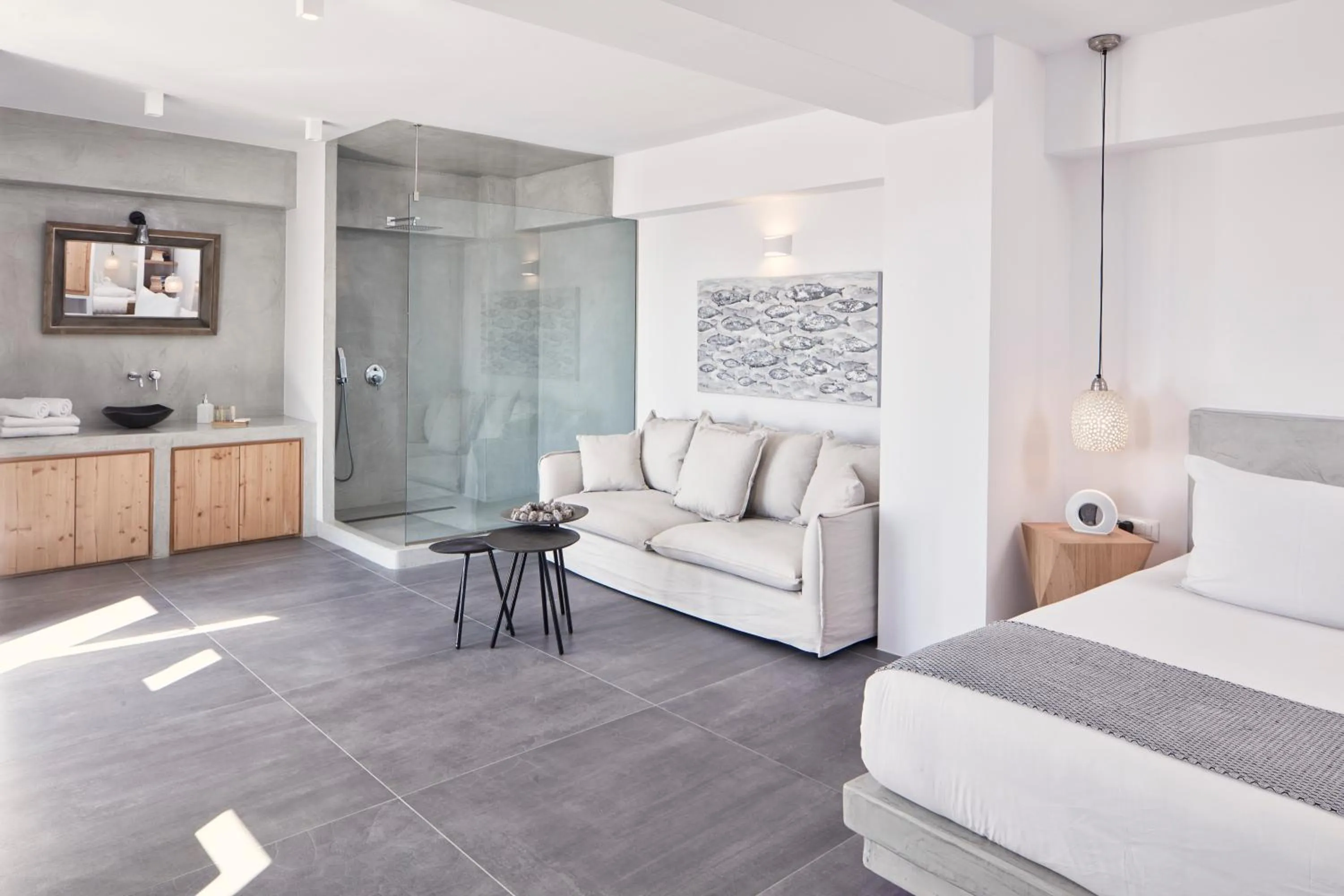 Living room, Bed in Elysian Santorini