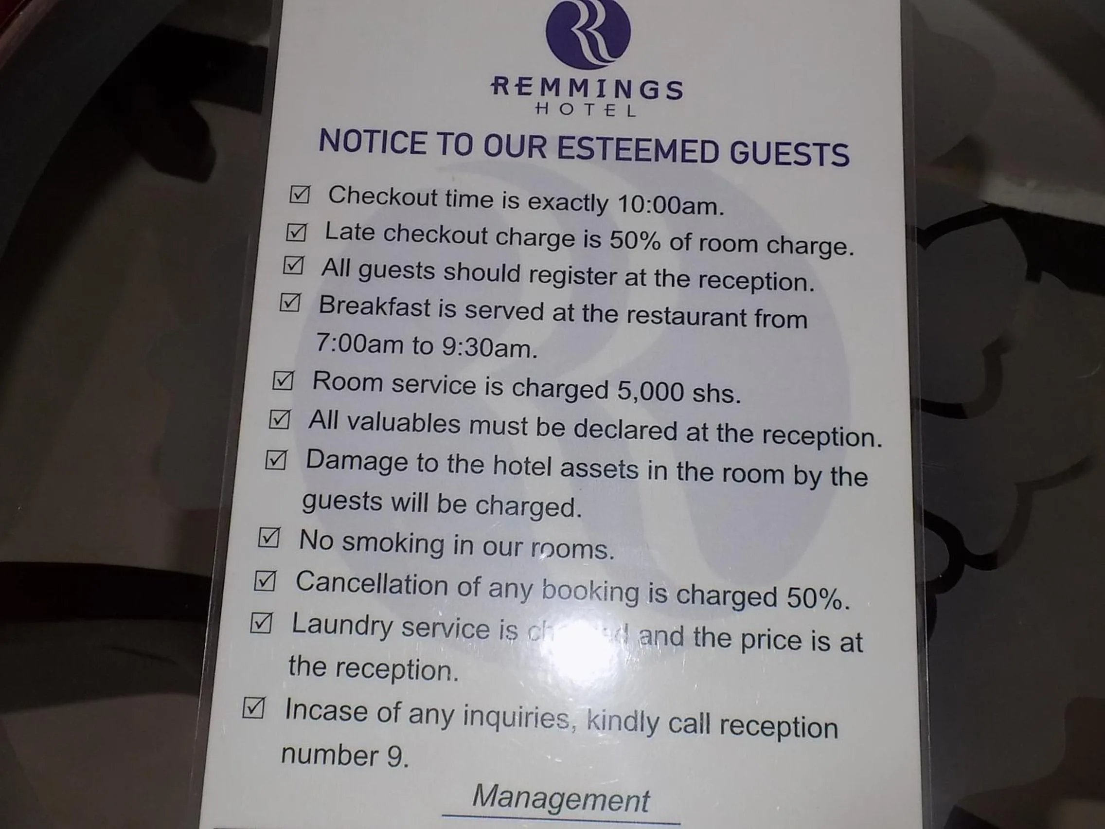 Text overlay in Remmings Hotel Kampala