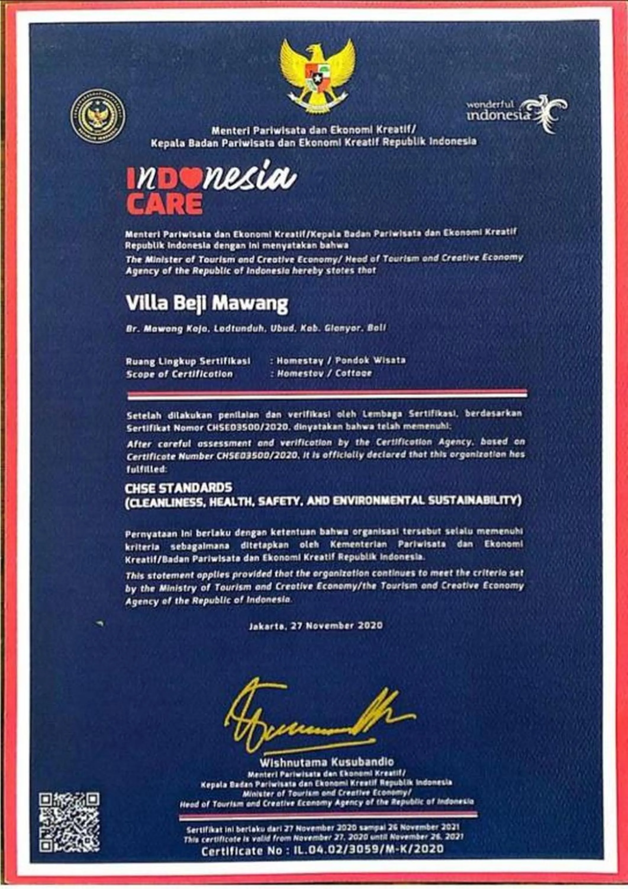 Certificate/Award in Villa Beji Mawang Ubud by GenuineHost