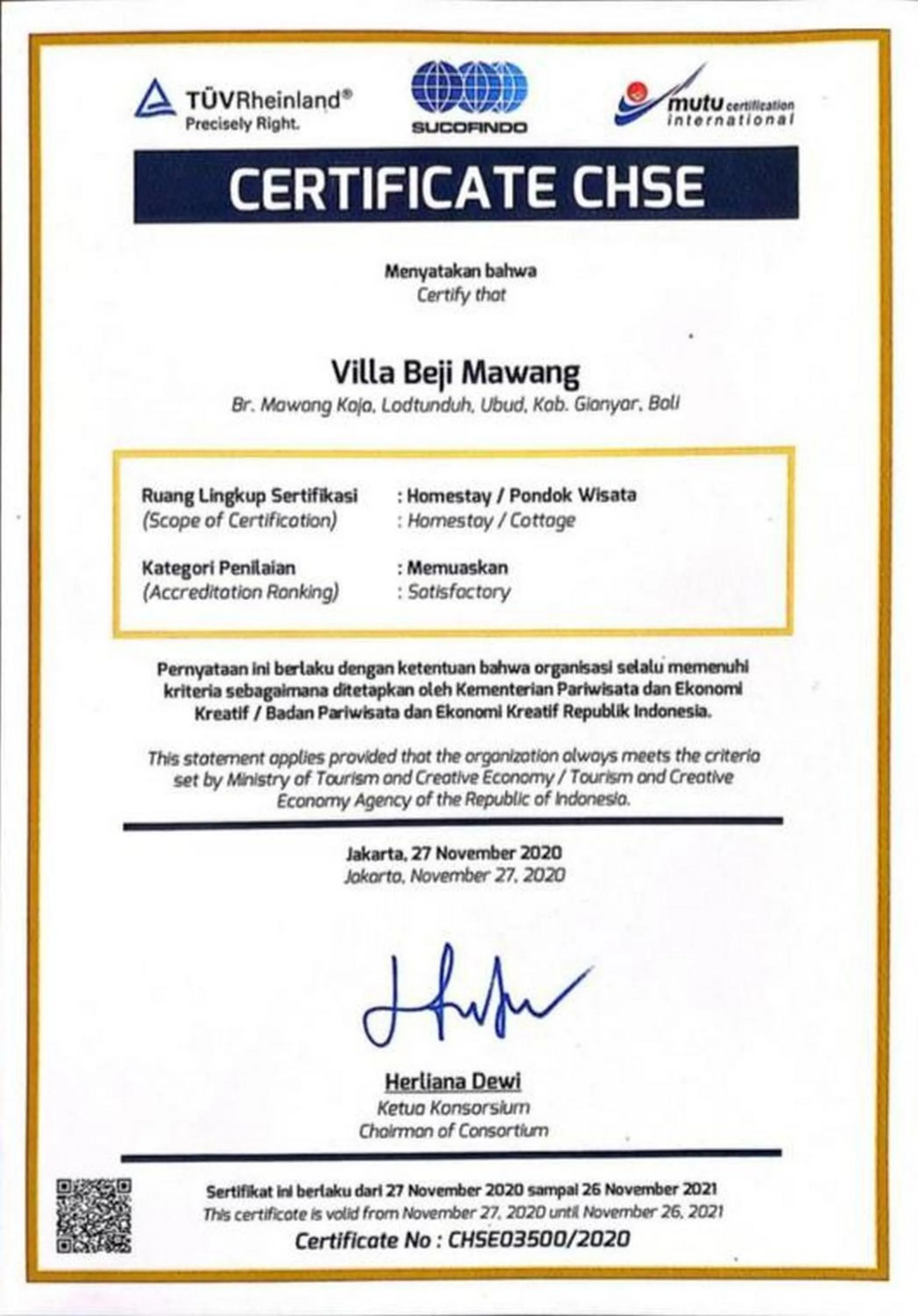 Certificate/Award in Villa Beji Mawang Ubud by GenuineHost