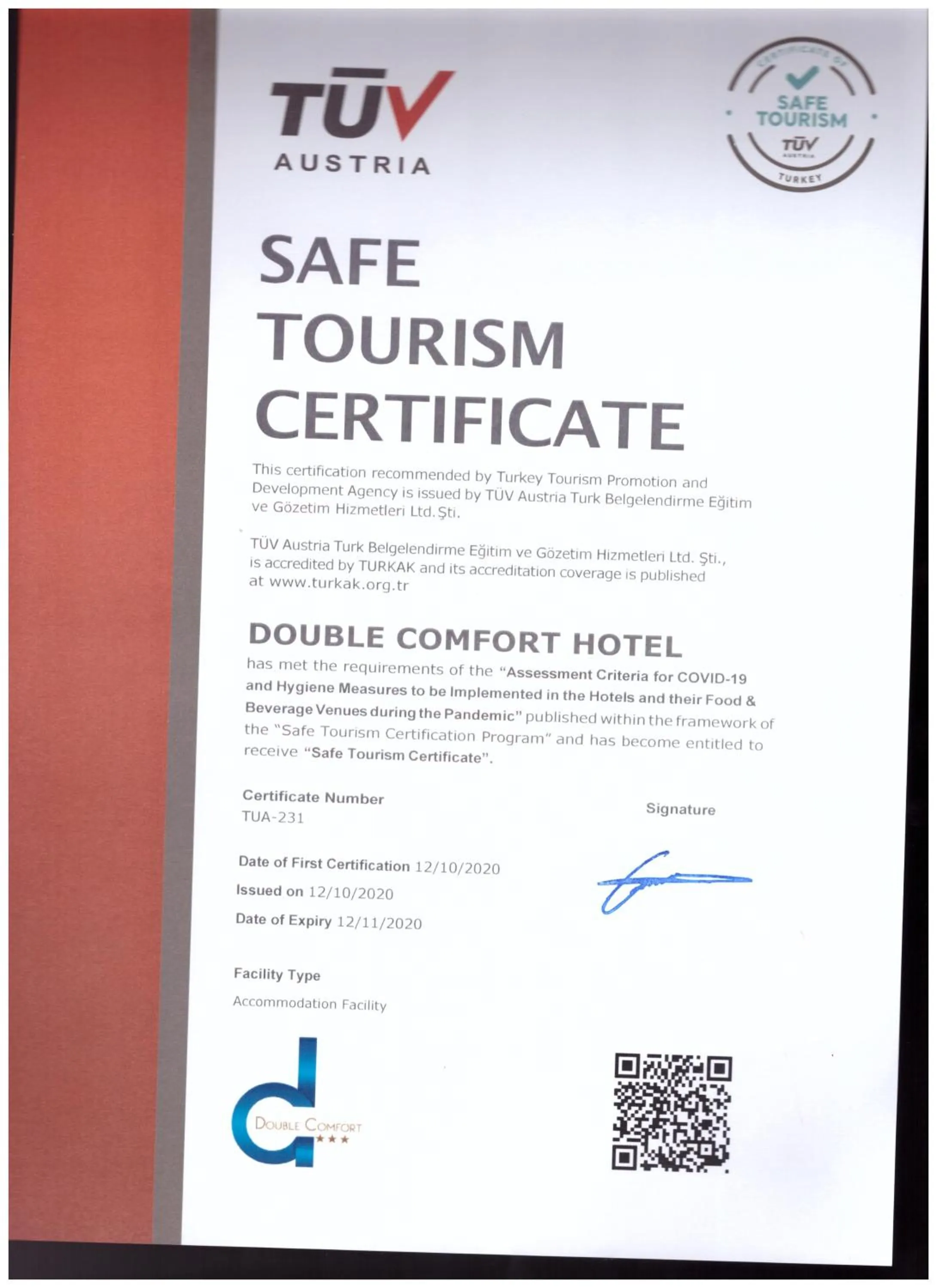 Certificate/Award in Double Comfort Hotel