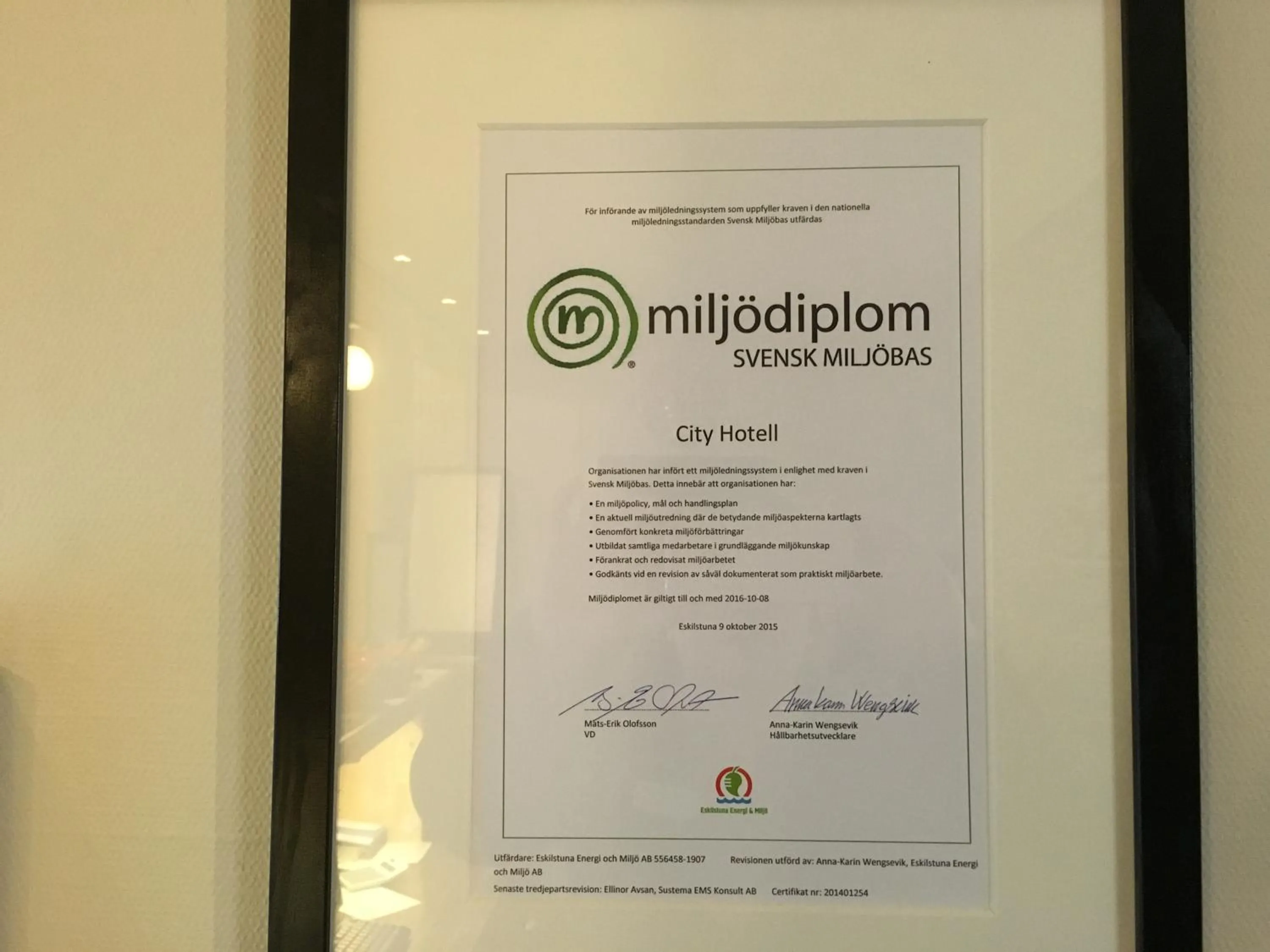 Certificate/Award in First Hotel City Eskilstuna