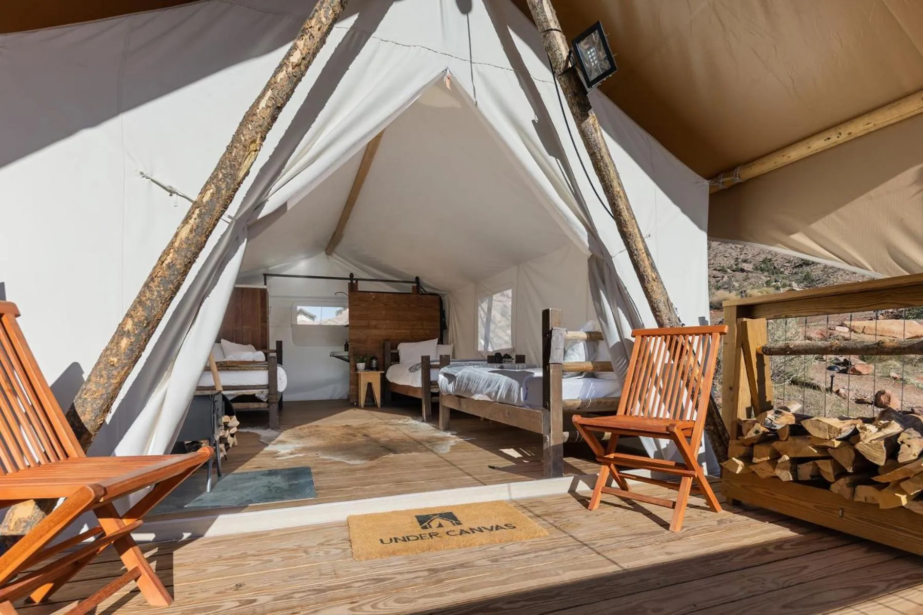 Patio, Bed in Under Canvas Zion