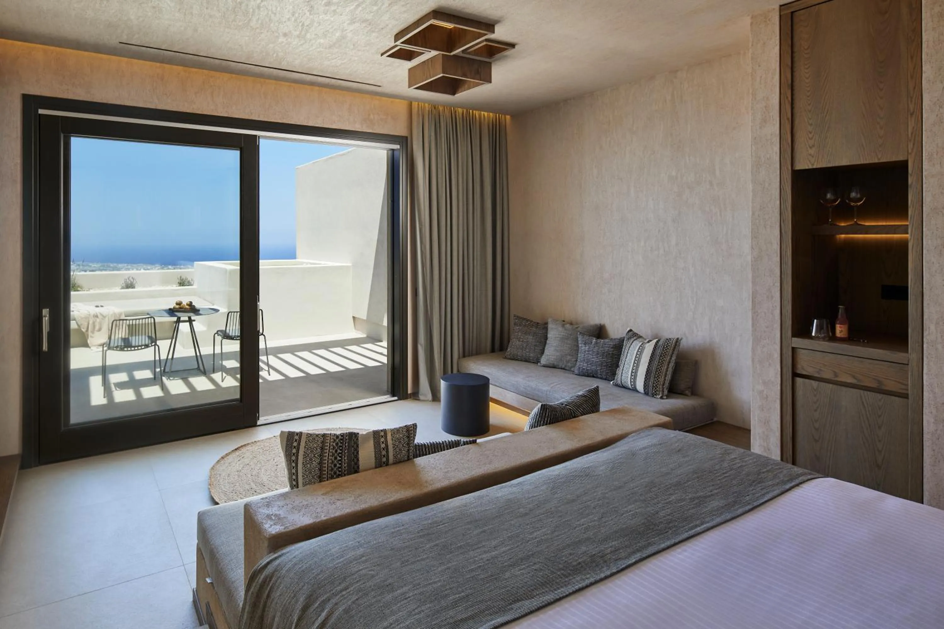 Patio, Bed in North Santorini - A Luxury Spa Hotel