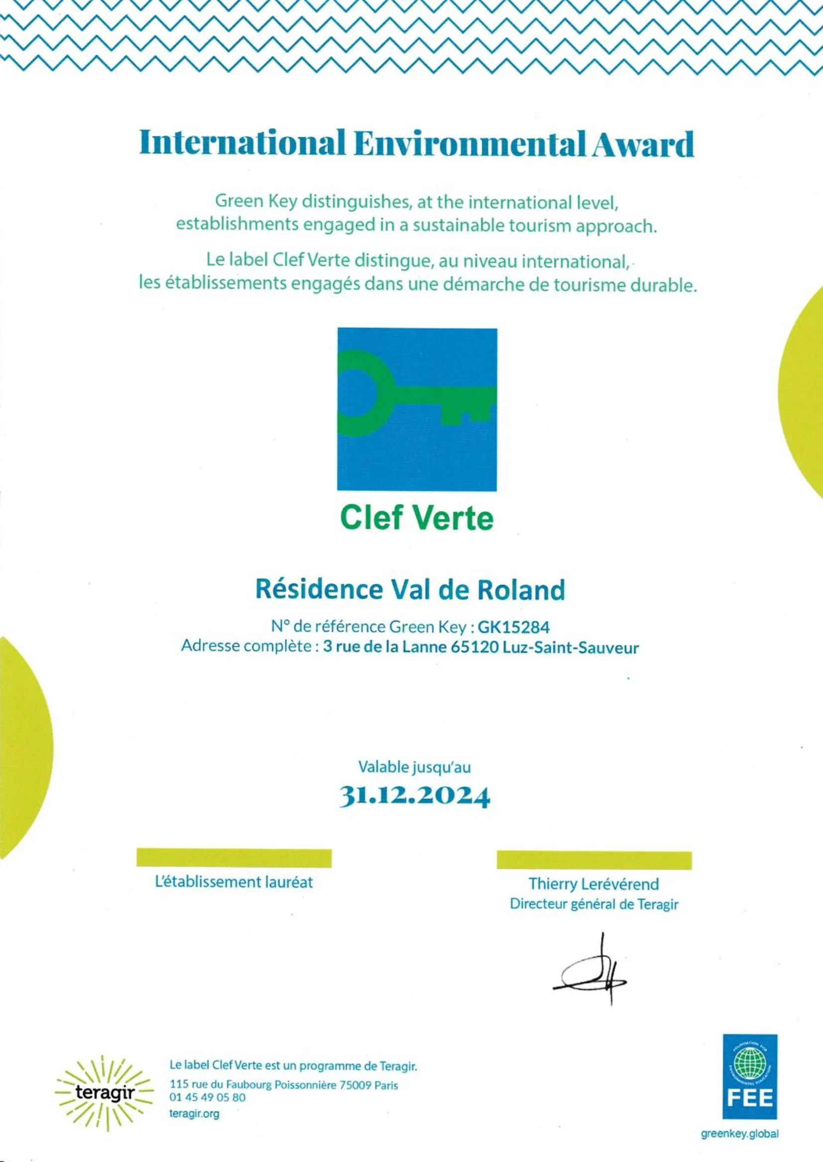 Certificate/Award in Résidence Val de Roland