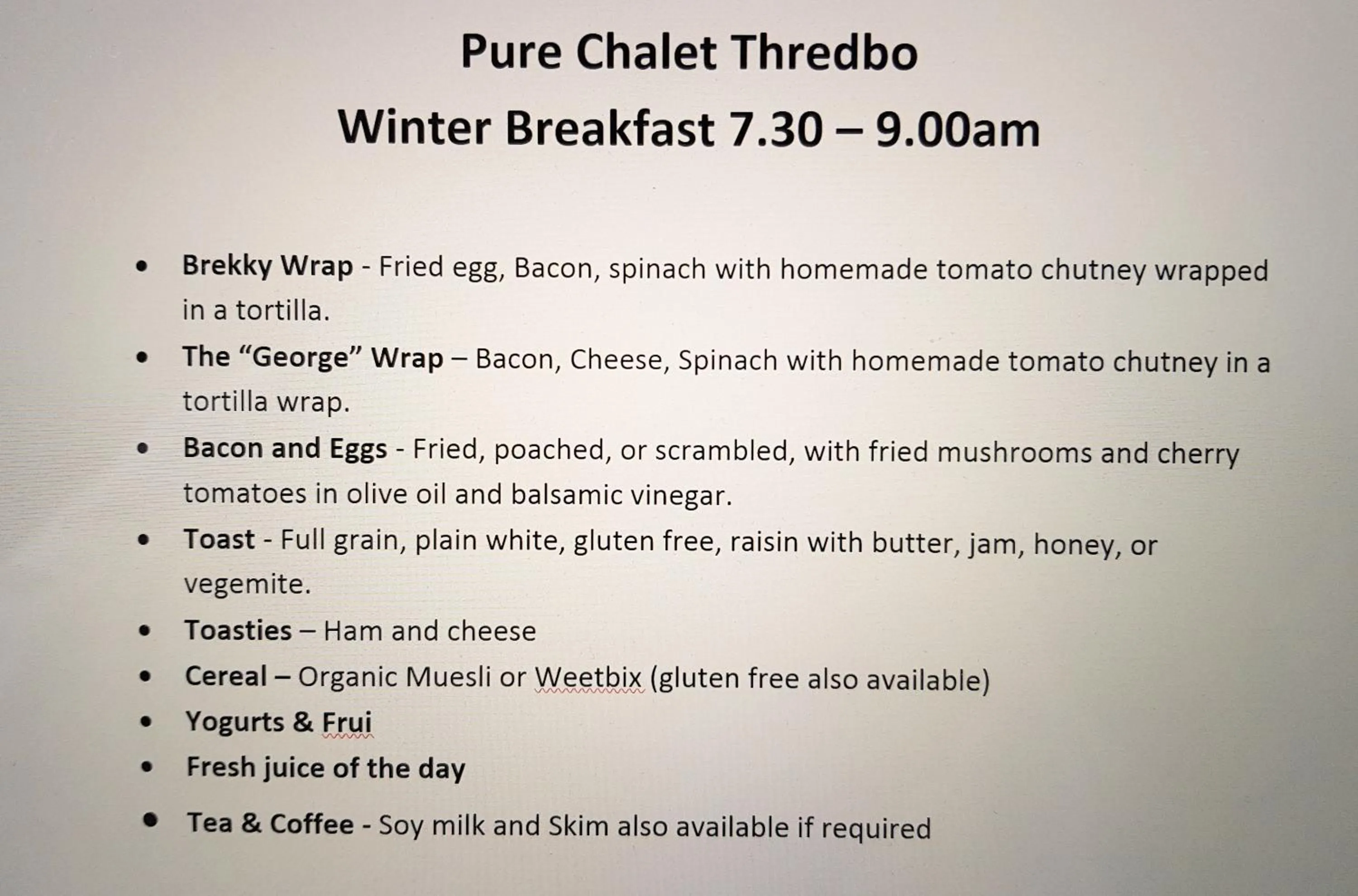 English/Irish breakfast in Pure Chalet Thredbo