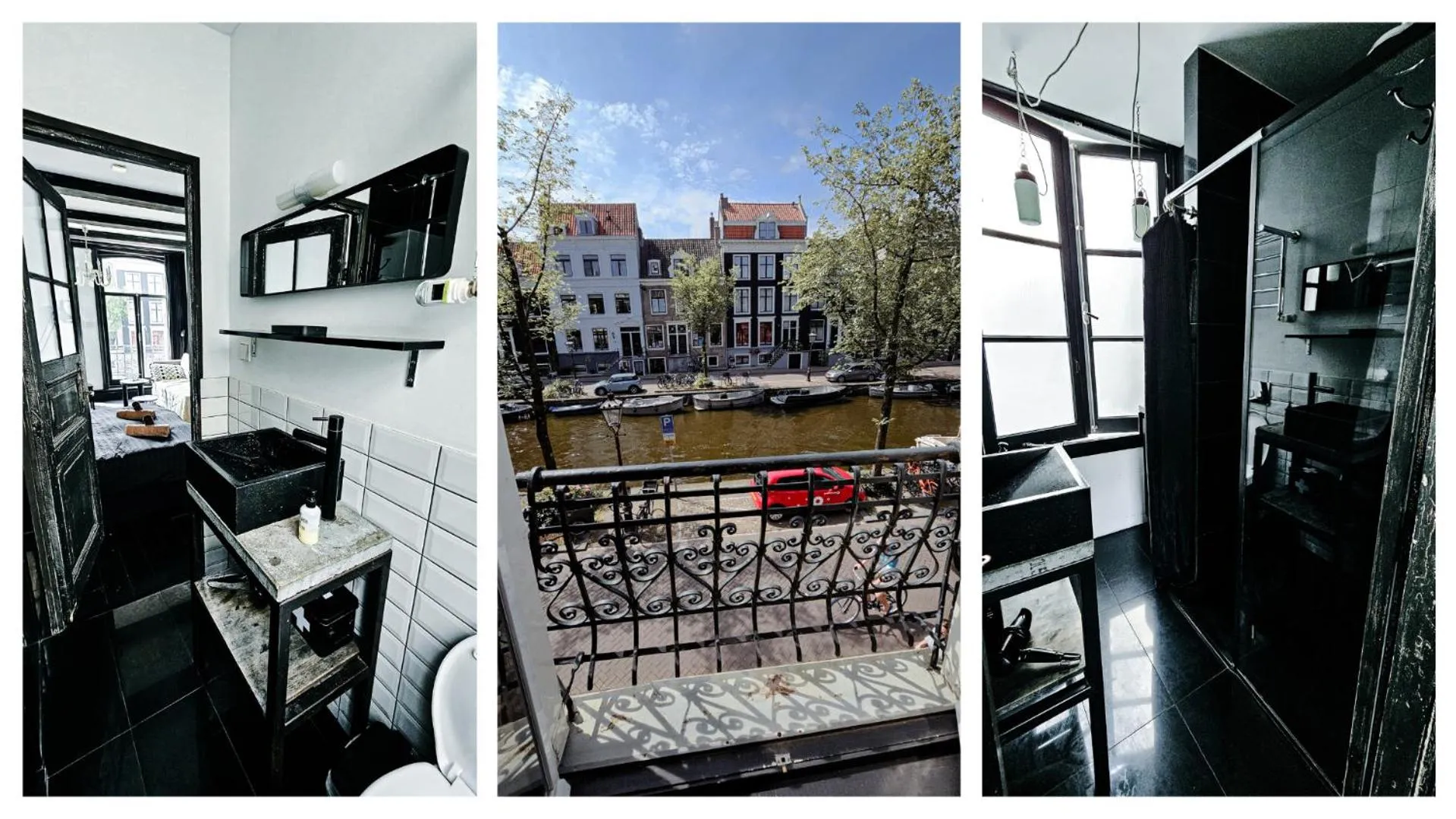 Shower in JoyJoyJoy the Black Beauty ecolicious studio in a canal house with French balcony with view on the canals
