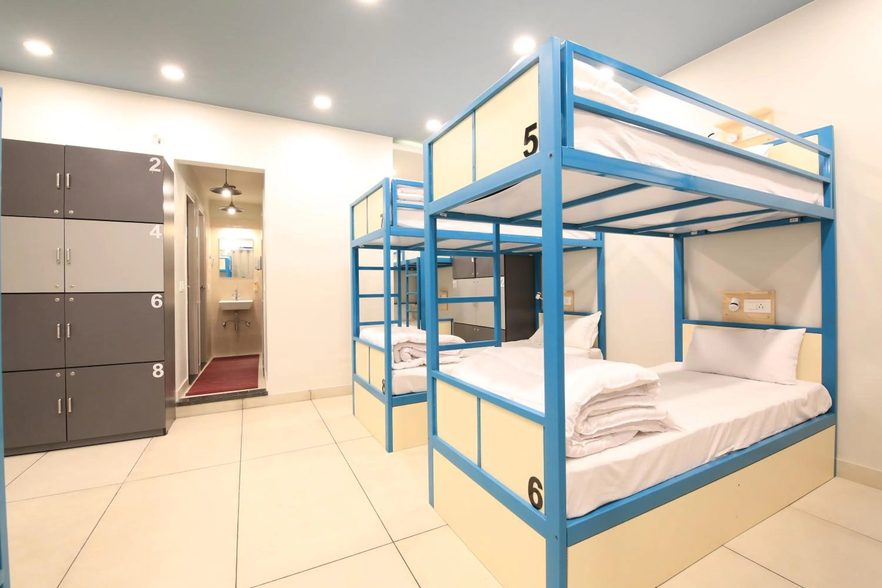 Shower, Bed in Blue Beds Hostel