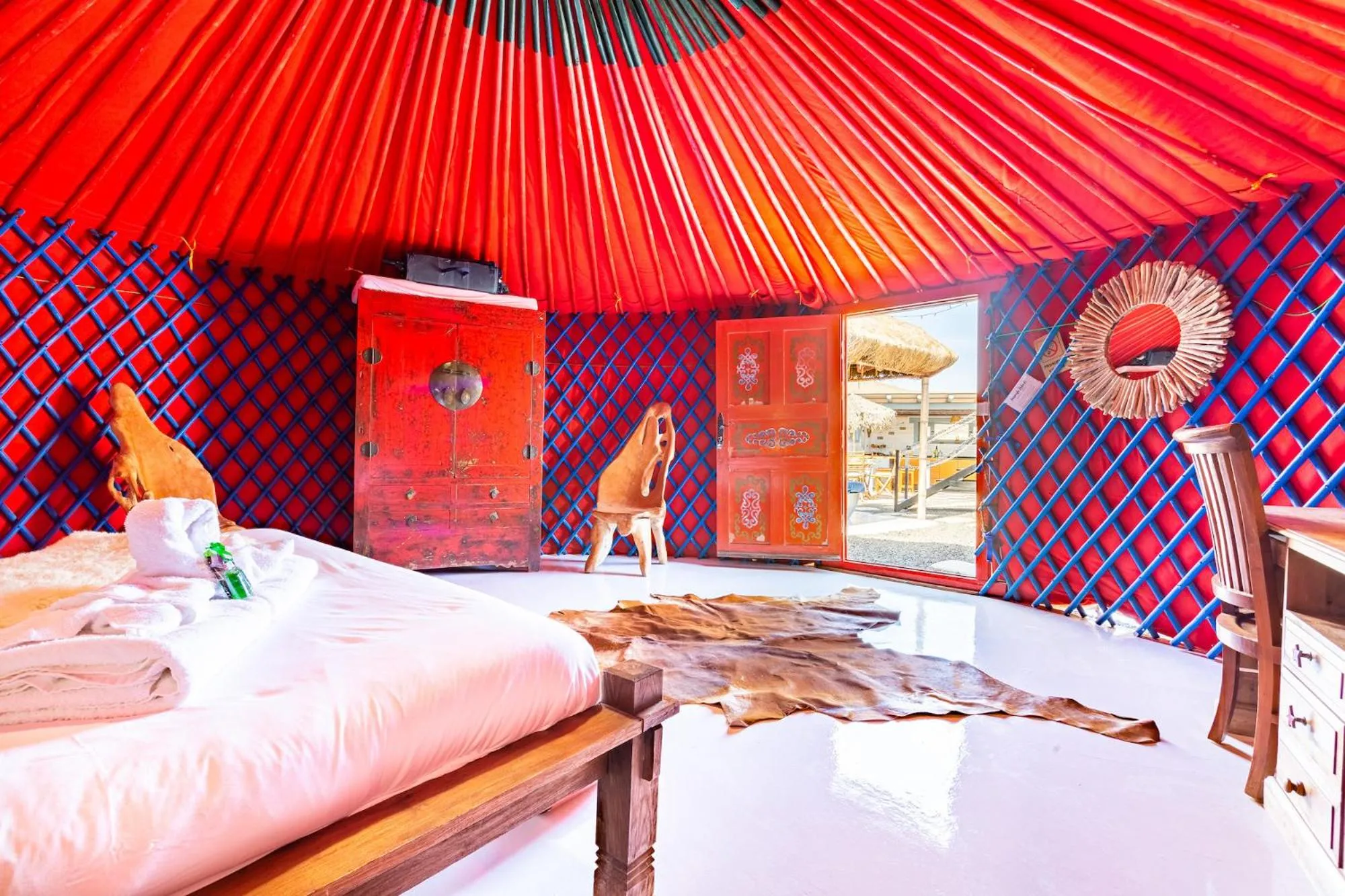 Bedroom, Bed in Finca De Arrieta Village - Yurts and Stone Cottages - Shared Pool - Walking distance to Arrieta Beach - Off Grid