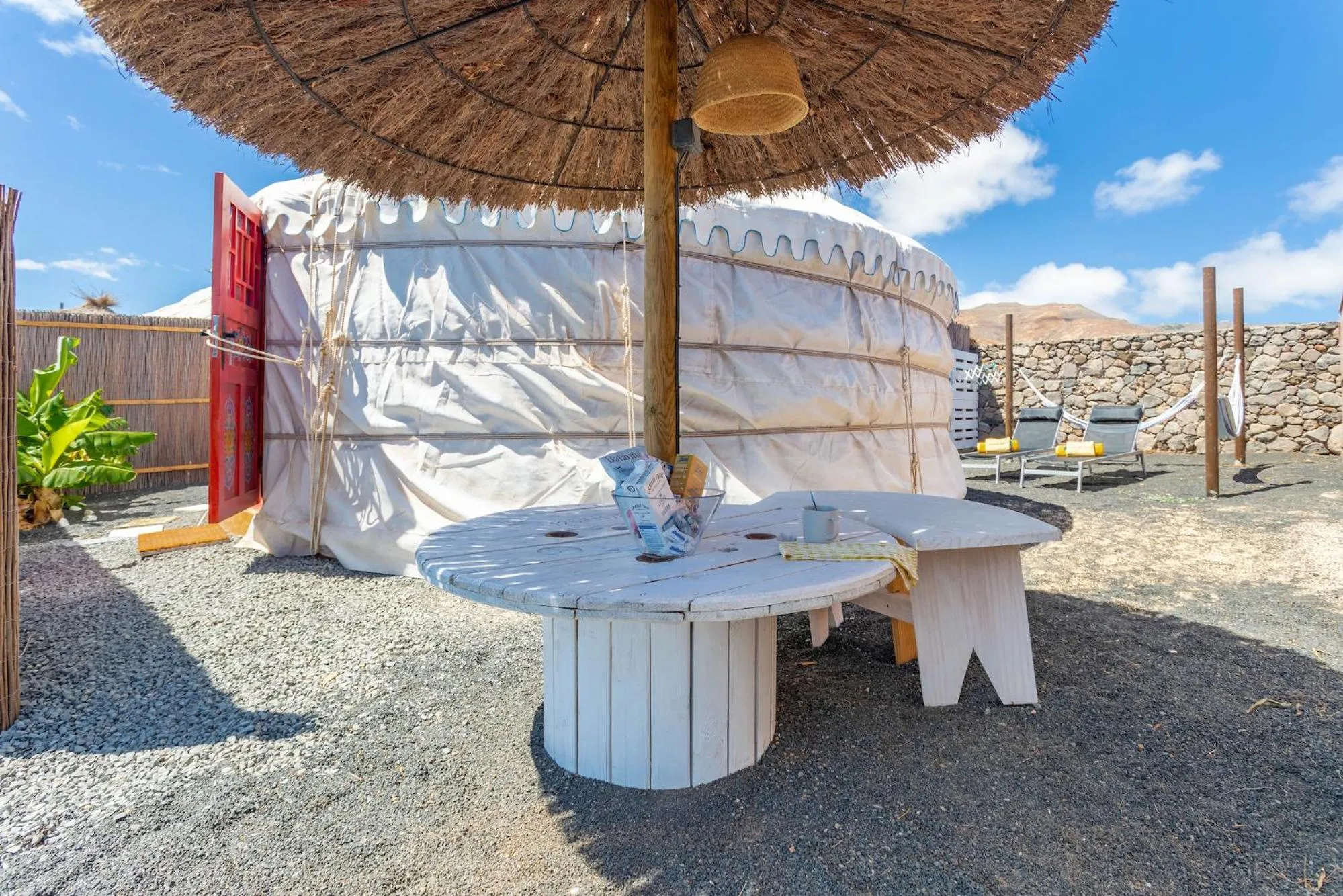 Dining area in Finca De Arrieta Village - Yurts and Stone Cottages - Shared Pool - Walking distance to Arrieta Beach - Off Grid