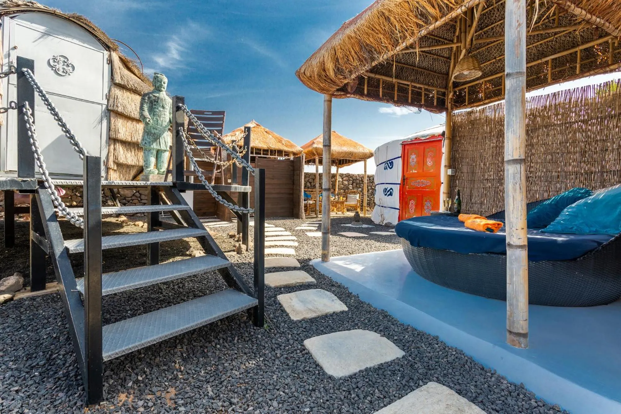 sunbed in Finca De Arrieta Village - Yurts and Stone Cottages - Shared Pool - Walking distance to Arrieta Beach - Off Grid