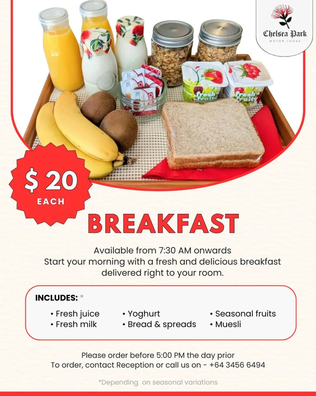 Breakfast in Chelsea Park Motor Lodge