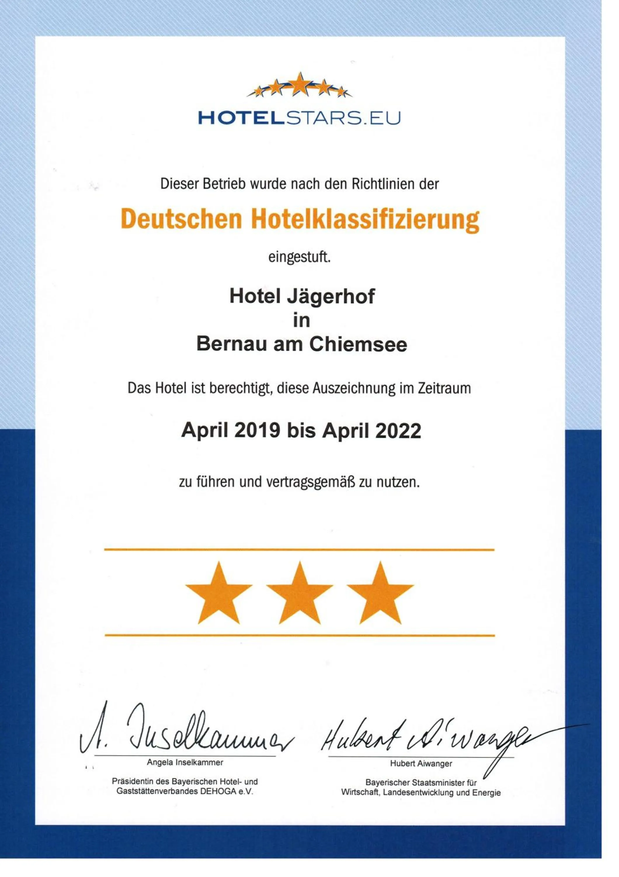 Certificate/Award in Hotel Jägerhof garni