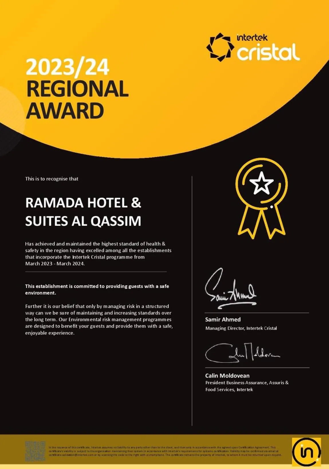 Certificate/Award in Ramada Hotel & Suites by Wyndham Al Qassim