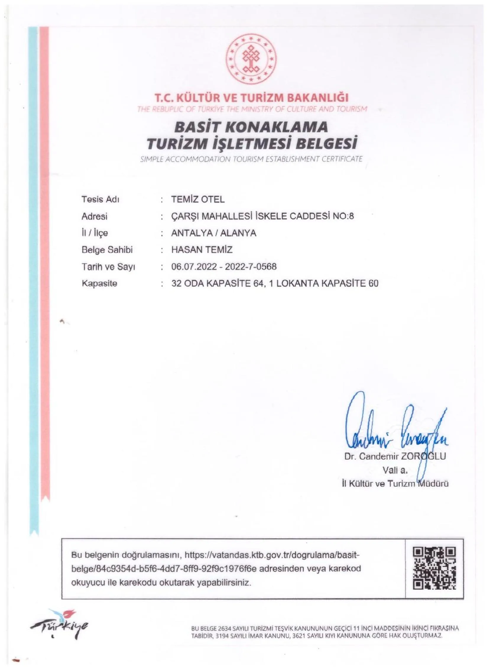 Logo/Certificate/Sign in Temiz Hotel