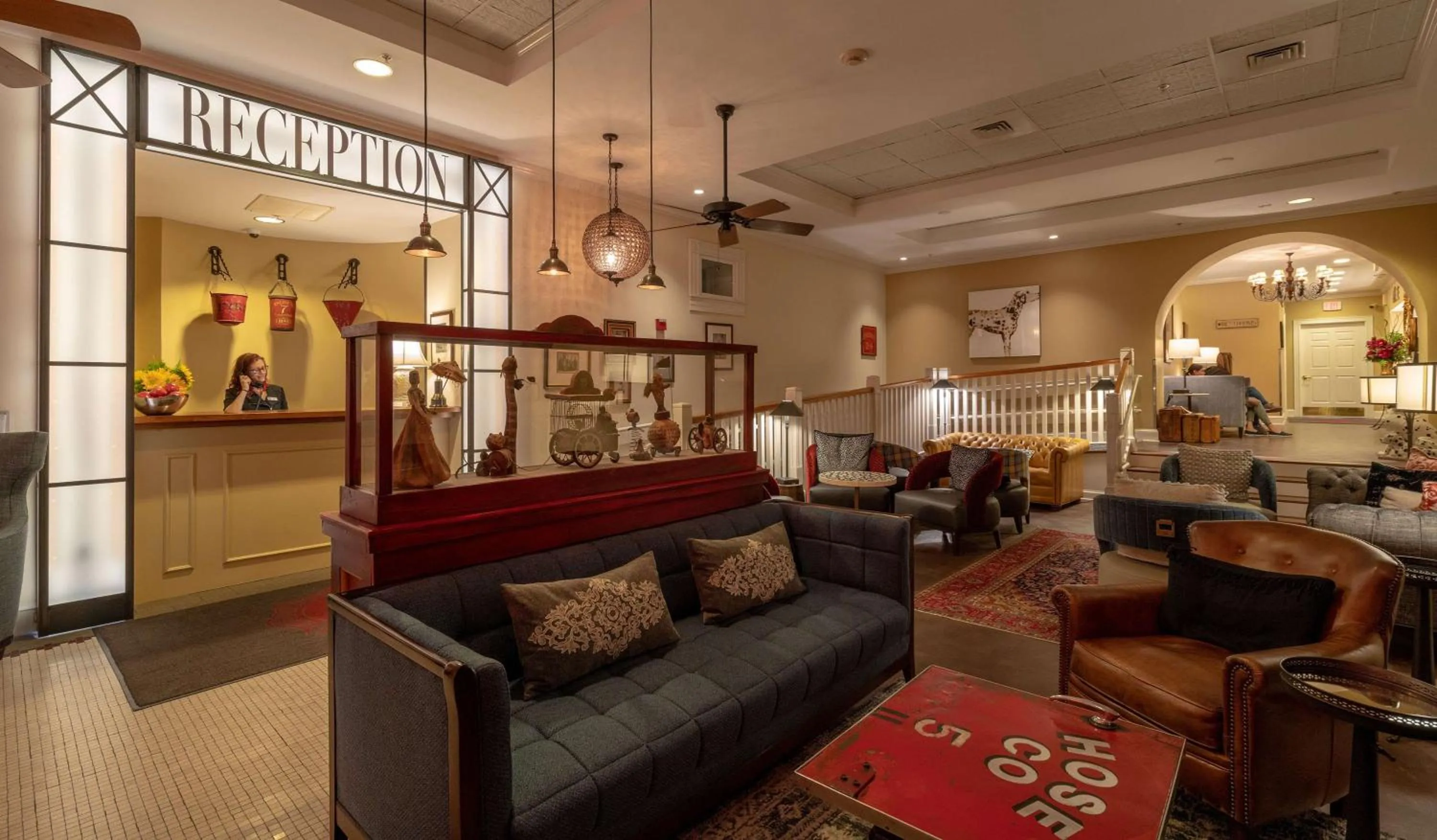 Lobby or reception in The Kendall Hotel at the Engine 7 Firehouse
