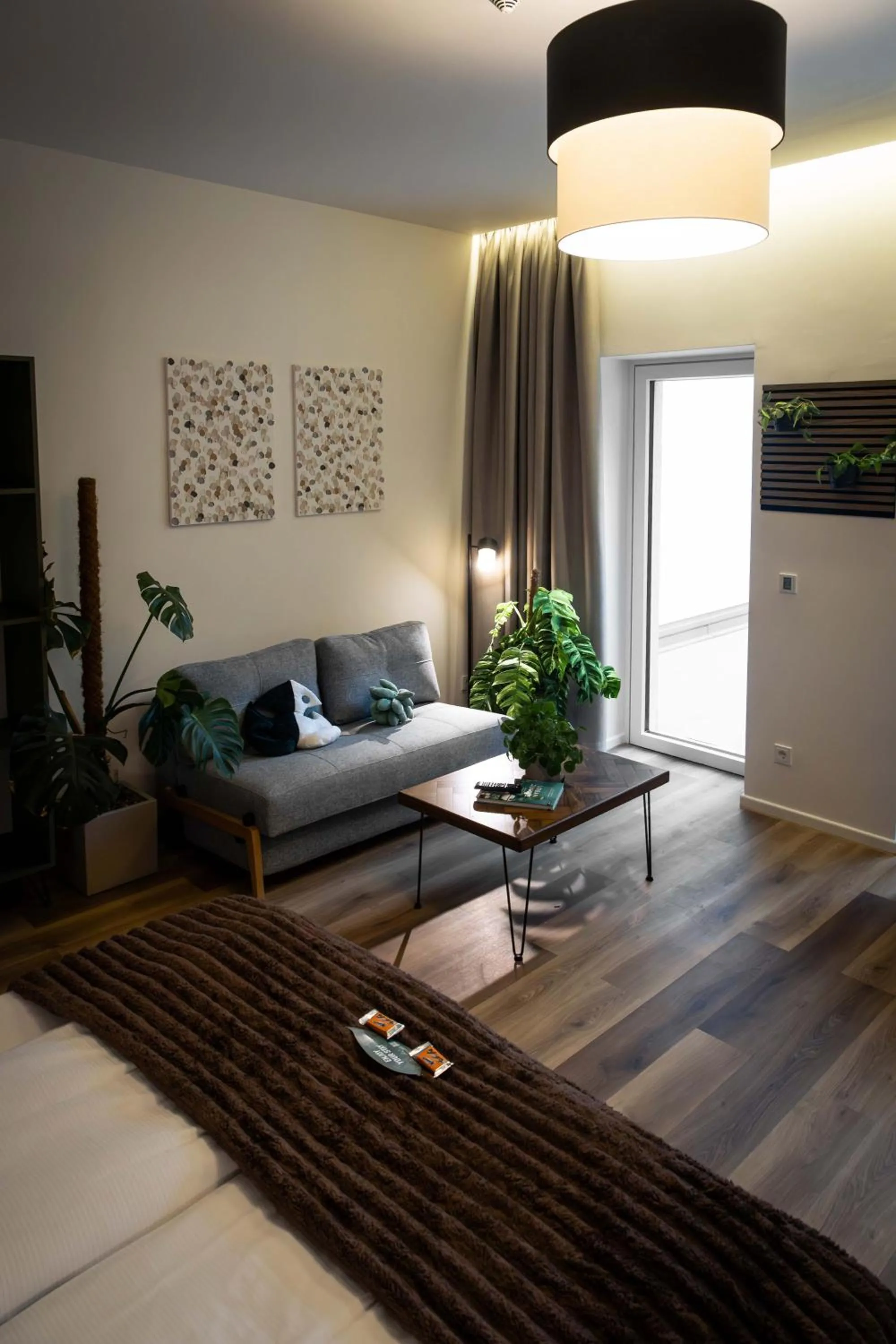 Living room, Bed in Urban Jungle Apartments