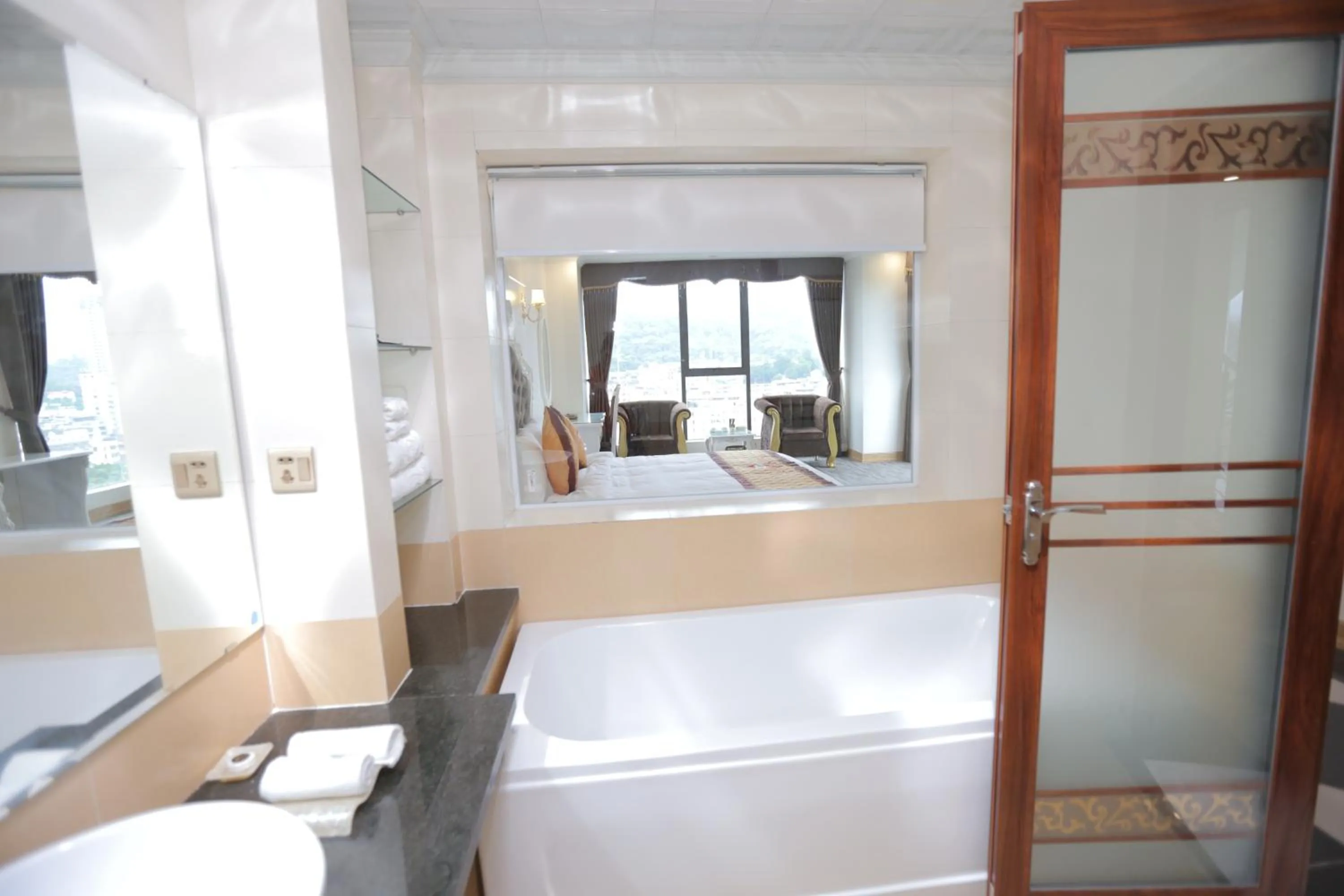 Bathroom, Bed in Lao Cai Royal Hotel