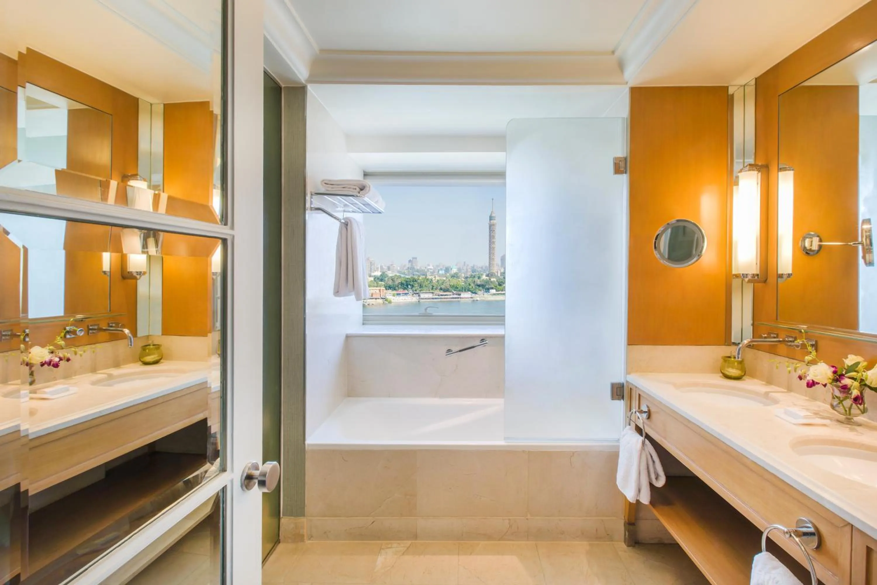 Bathroom, Bed in Kempinski Nile Hotel, Cairo