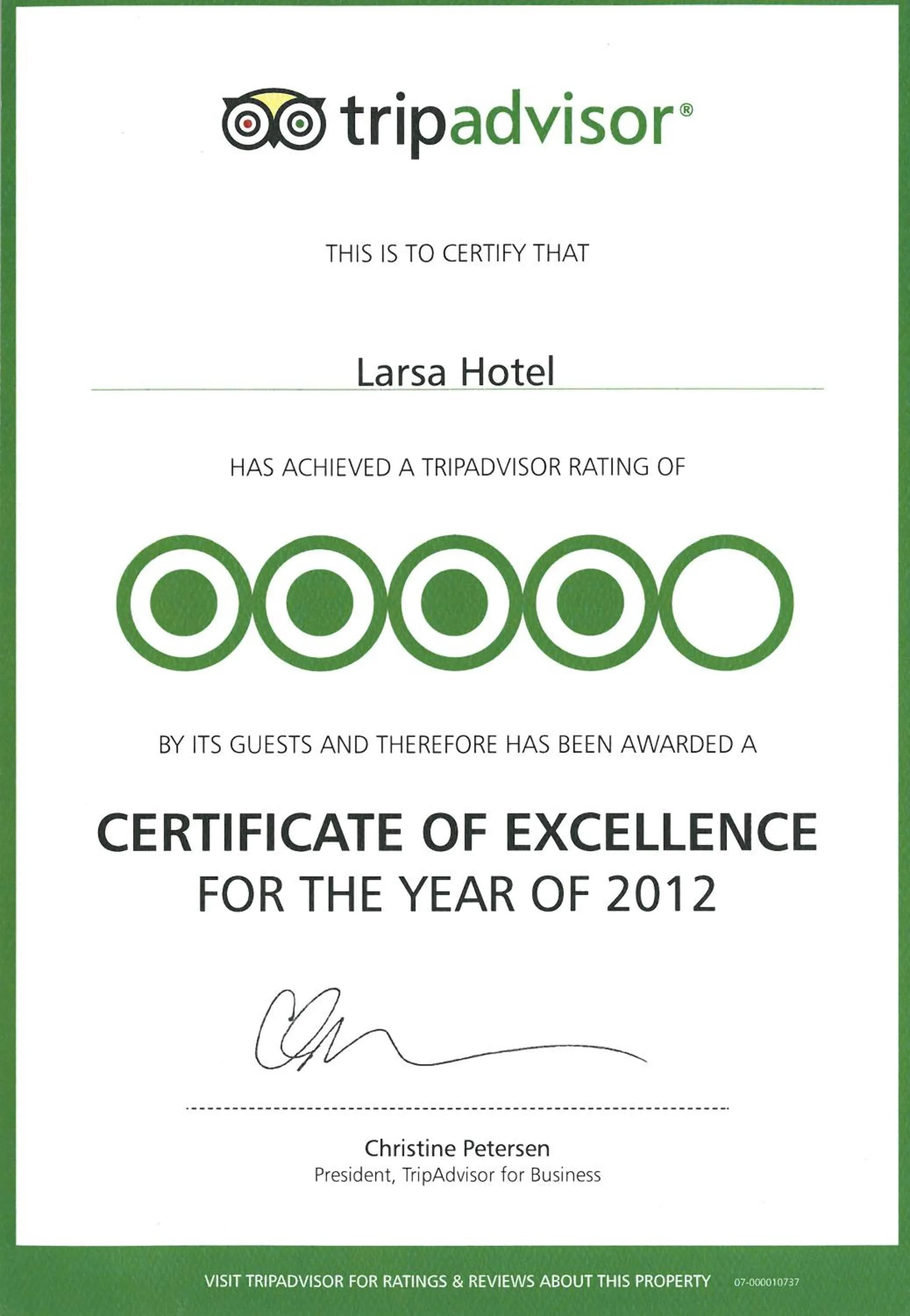 Certificate/Award in Larsa Hotel