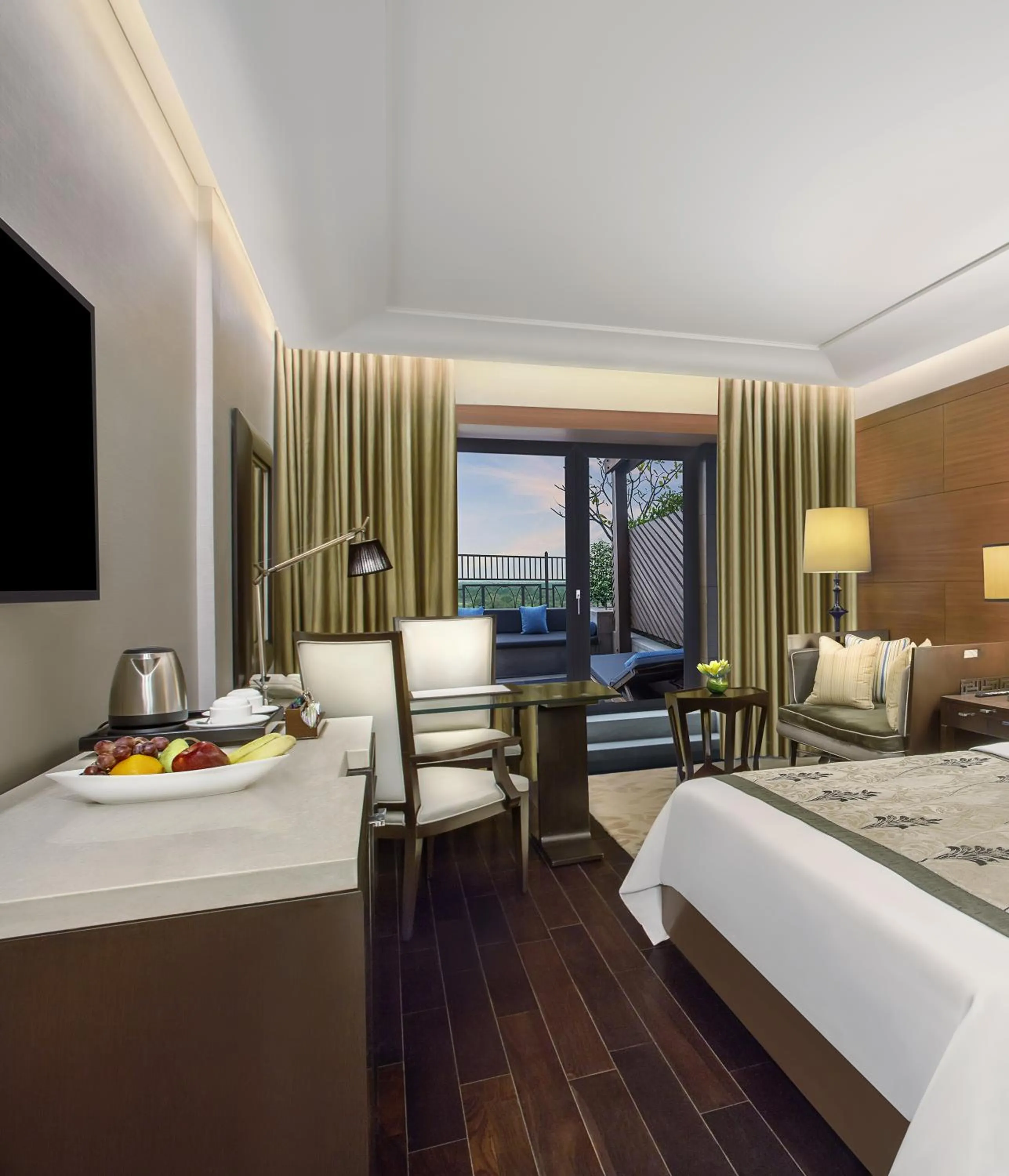 Living room, Bed in The Leela Ambience Gurugram Hotel & Residences - The Luxury Urban Sanctuary