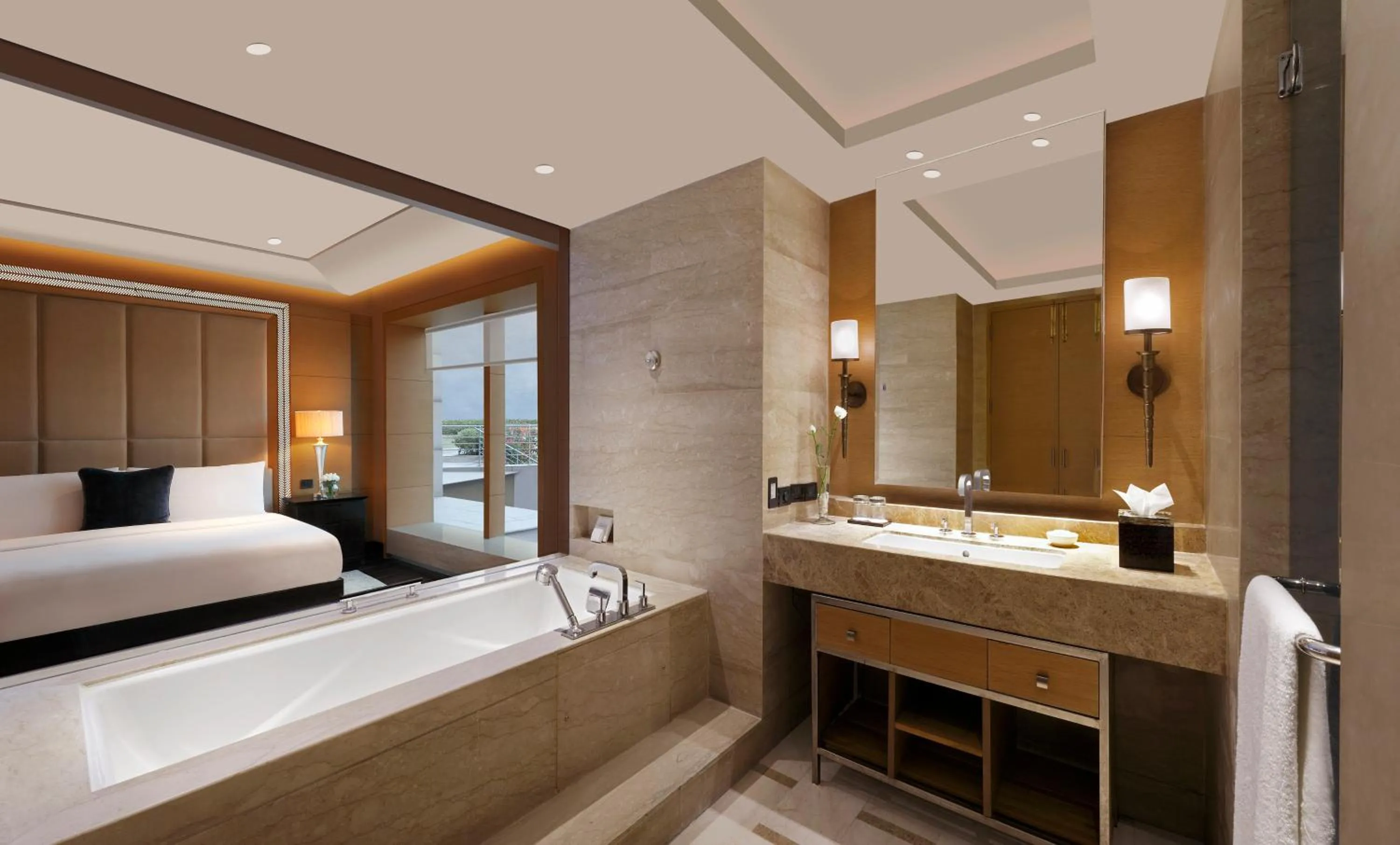 Bathroom, Bed in The Leela Ambience Gurugram Hotel & Residences - The Luxury Urban Sanctuary