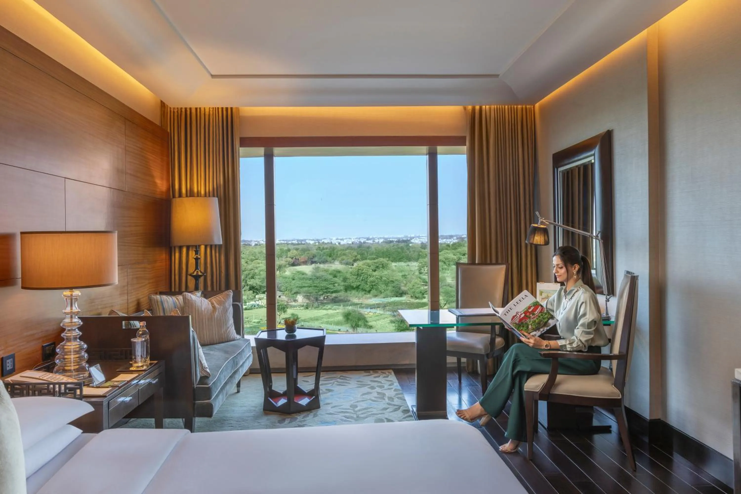View (from property/room), Bed in The Leela Ambience Gurugram Hotel & Residences - The Luxury Urban Sanctuary
