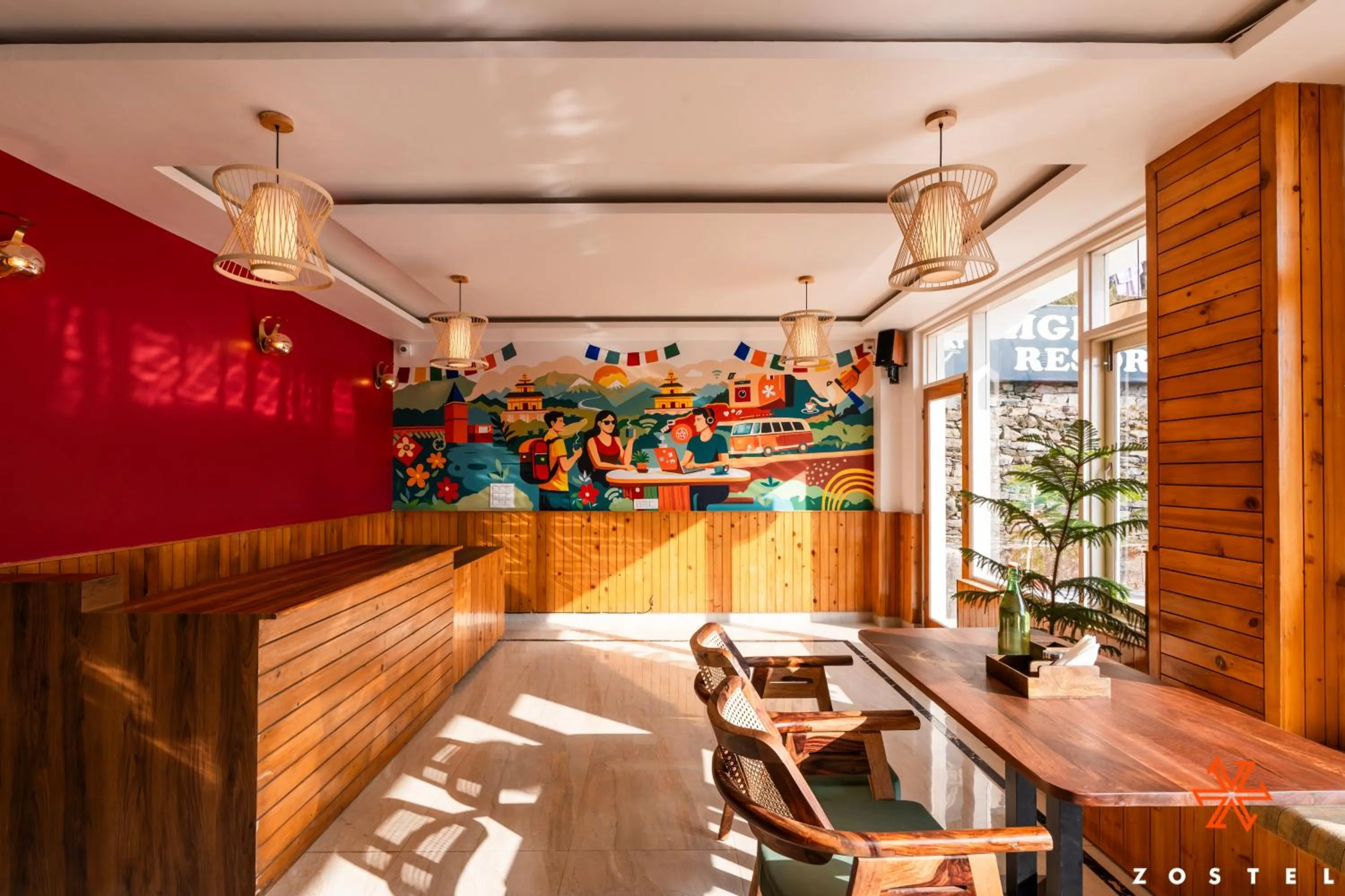 Seating area in Zostel Dharamkot