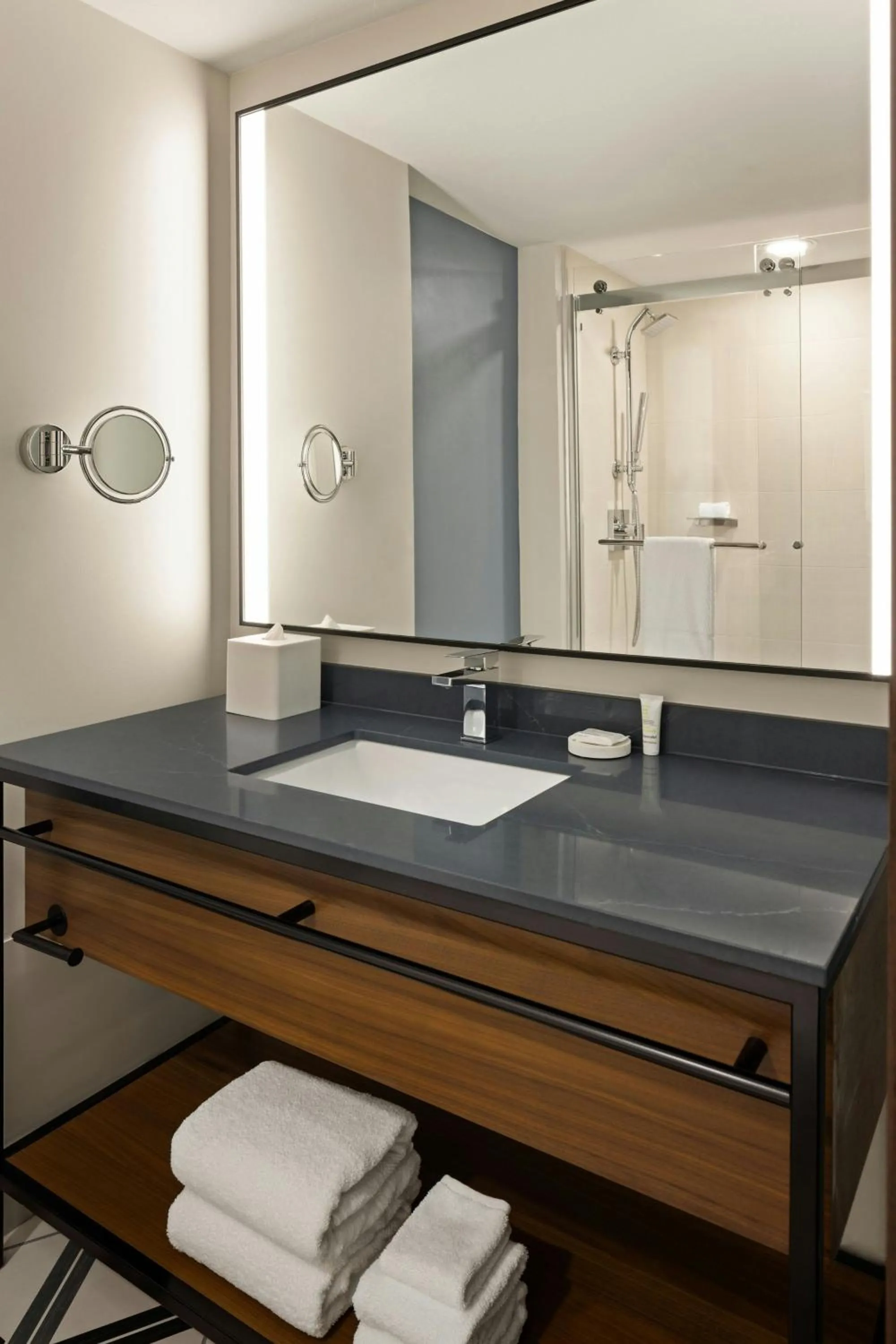 Bathroom, Bed in Oshkosh Marriott Waterfront Hotel & Convention Center