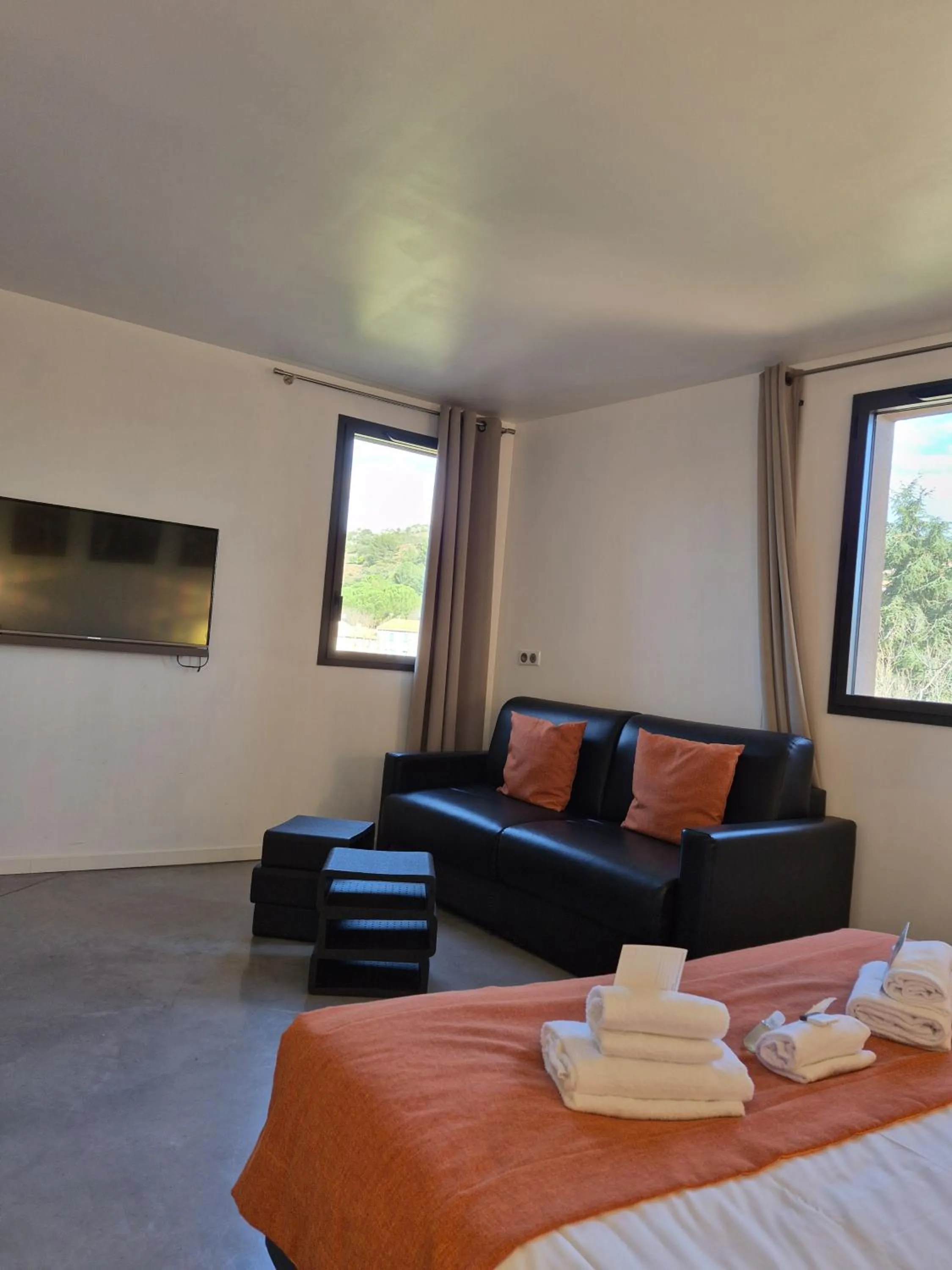 Living room, Bed in Contact Hôtel Le Minervois - Hôtel & Restaurant Au nord de Carcassonne