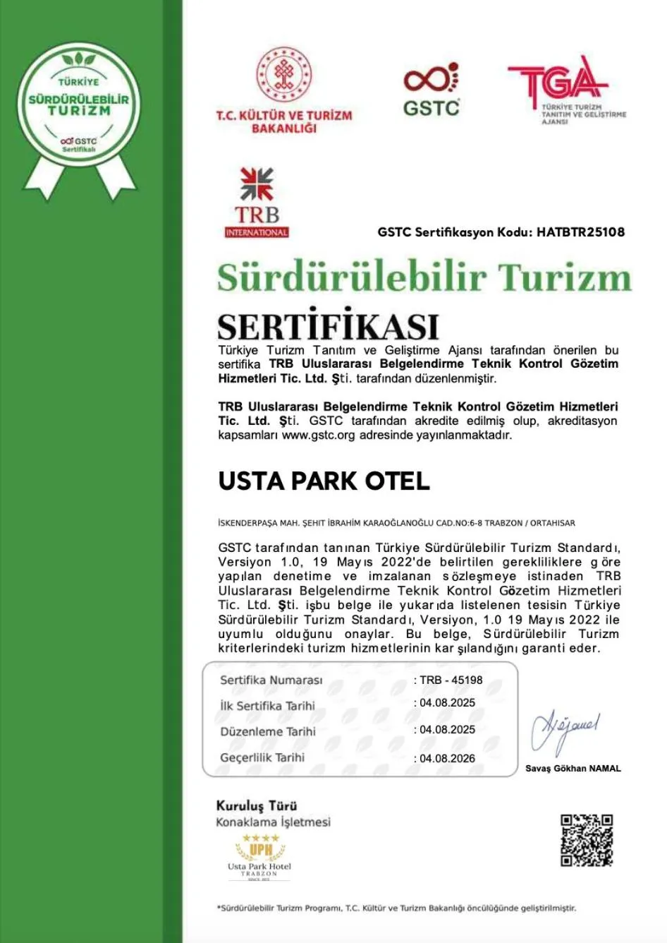 Certificate/Award in Usta Park Hotel