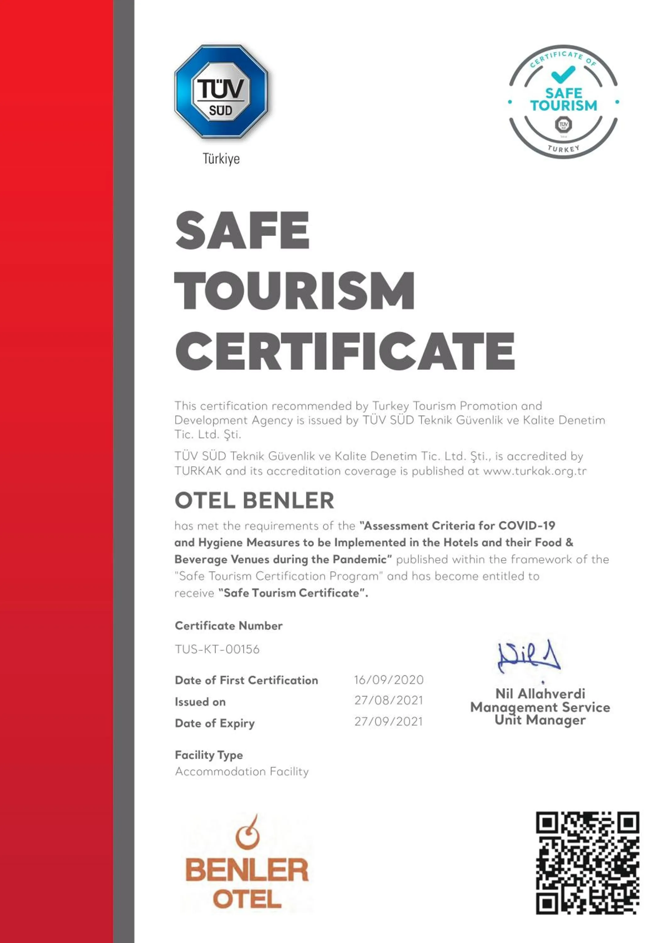 Certificate/Award in Benler Otel Laleli ISTanbul