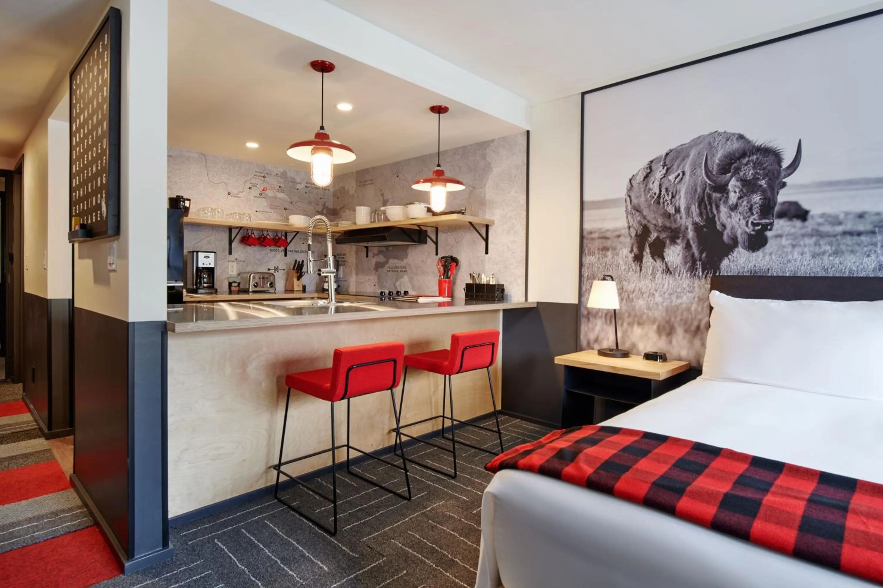 kitchen, Bed in Mountain Modern Jackson Hole